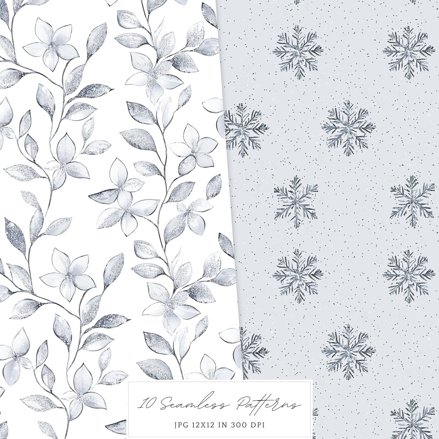 Silver Ice - Seamless Patterns, Cozy Winter, Snowflakes | 10 JPEG