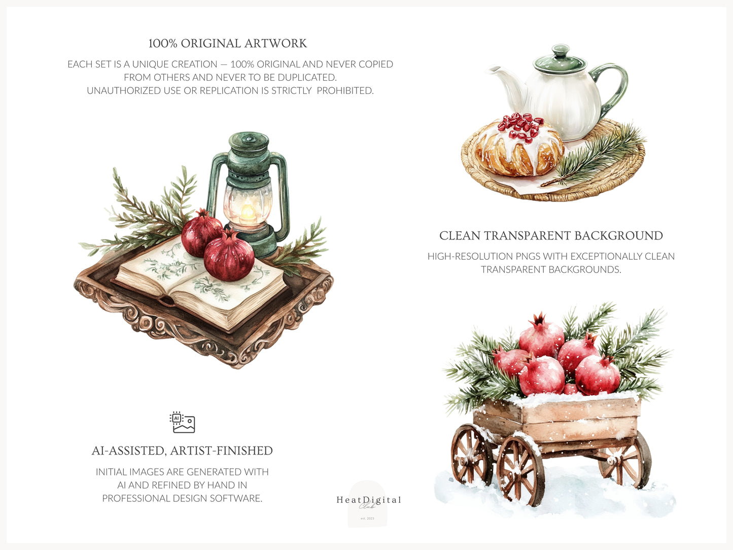 Winter Pomegranate - Clipart Set, Holiday Fruits, Cozy, Rustic Xmas | 60 PNG