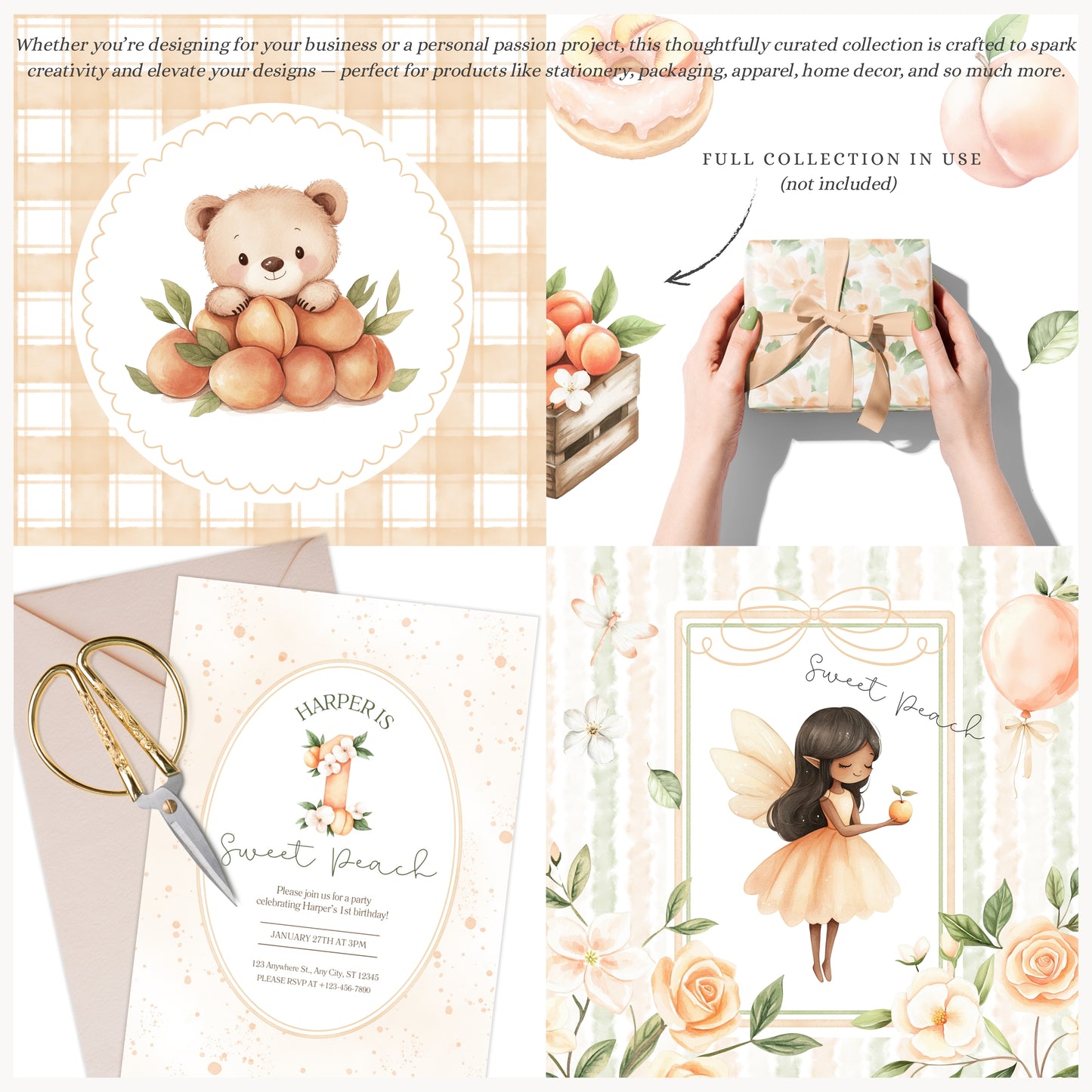 Sweet Peach - Cute Animals Clipart, Birthday, Summer Picnic, Baby | 50 PNG