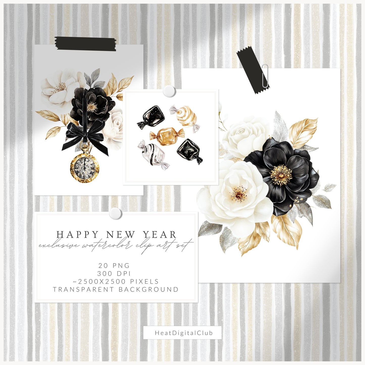 Happy New Year - Floral Arrangements Clipart, Black White Gold, Holiday Bouquet | 20 PNG