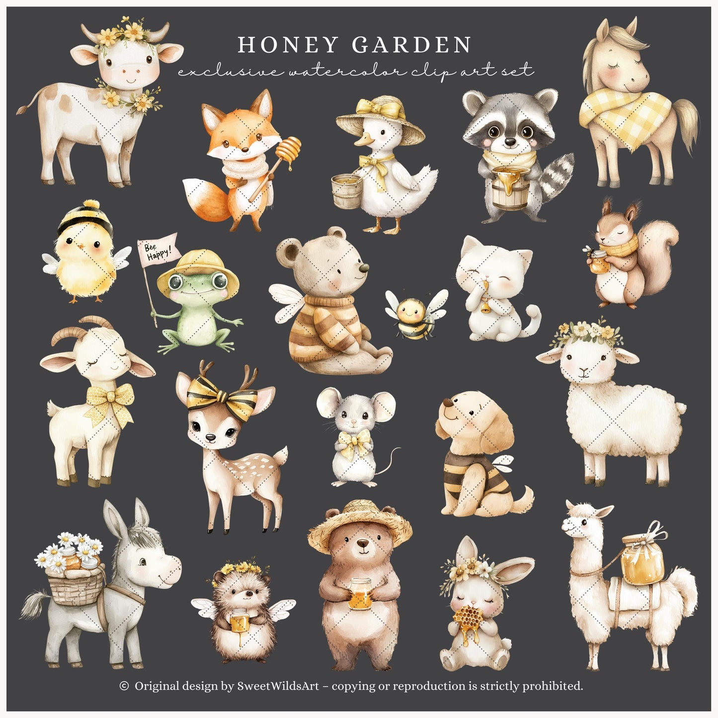 Honey Garden - Cute Animals, Baby Bee Clipart, Summer Flowers | 55 PNG