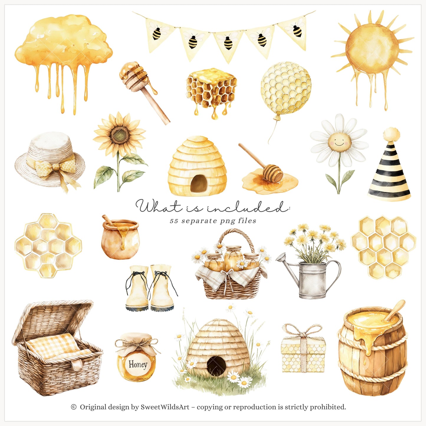 Honey Garden - Cute Animals, Baby Bee Clipart, Summer Flowers | 55 PNG