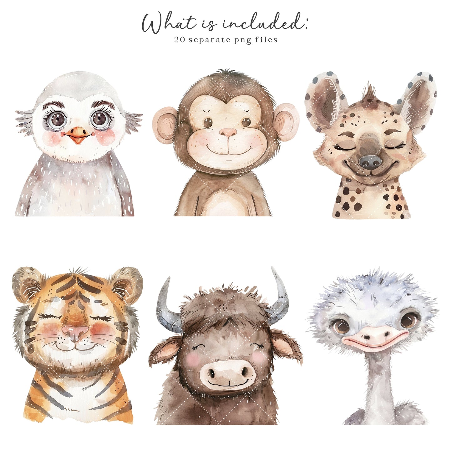 Safari Portraits - Cute Animals Clipart, Baby Animals, Baby Shower, Nursery | 20 PNG