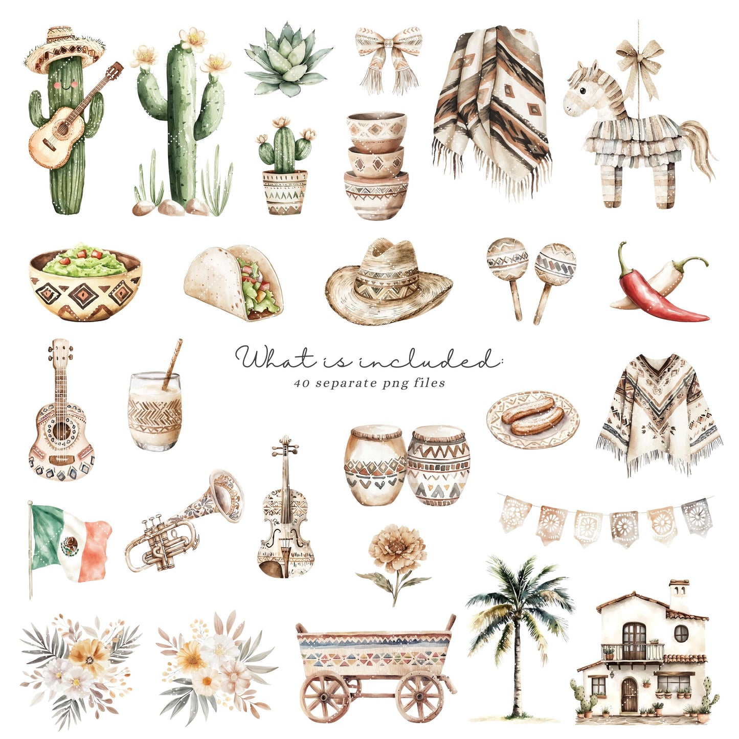 Mexican Fiesta - Cute Cinco de Mayo Clipart, Baby Animals, Taco, Donkey | 40 PNG