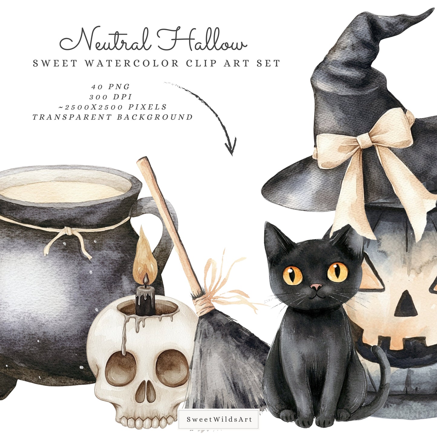 Neutral Hallow - Cute Halloween Clipart, Pastel Spooky, Pumpkin, Little Ghost | 40 PNG