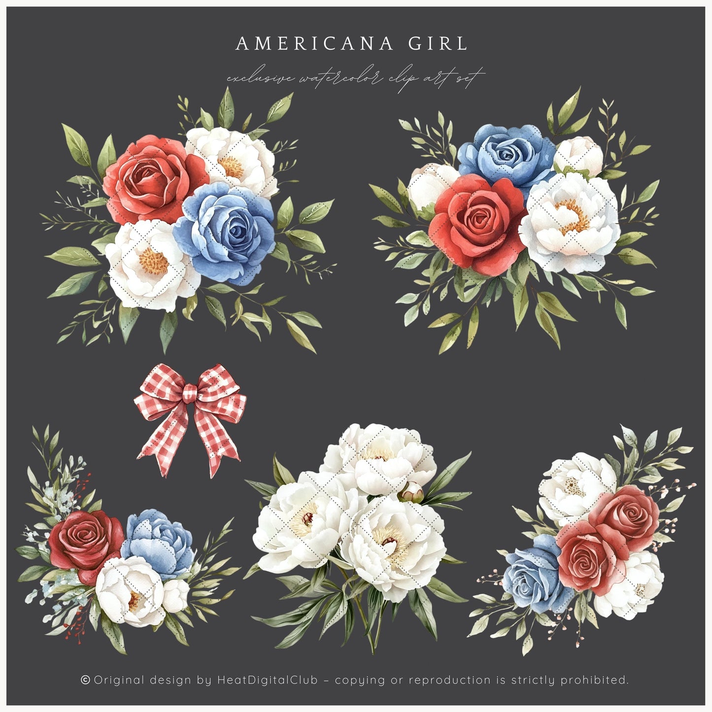 Americana Girl – Watercolor Florals, Red, White & Blue | 12 PNG