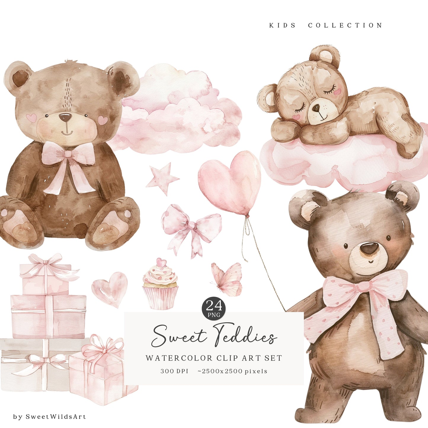 Sweet Teddies - Pink Teddy Bear, Nursery Animal Clipart, Cute Party Invite | 24 PNG
