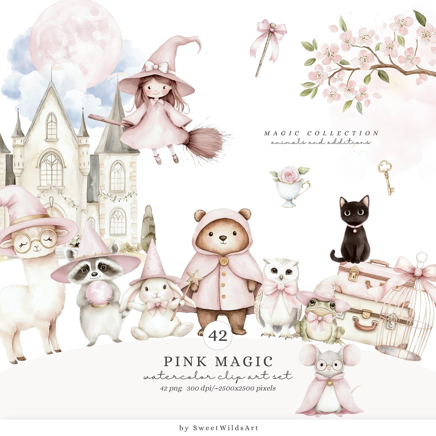 Pink Magic - Baby Animals Clipart, Cute Animal, Magic School, Wizard | 42 PNG
