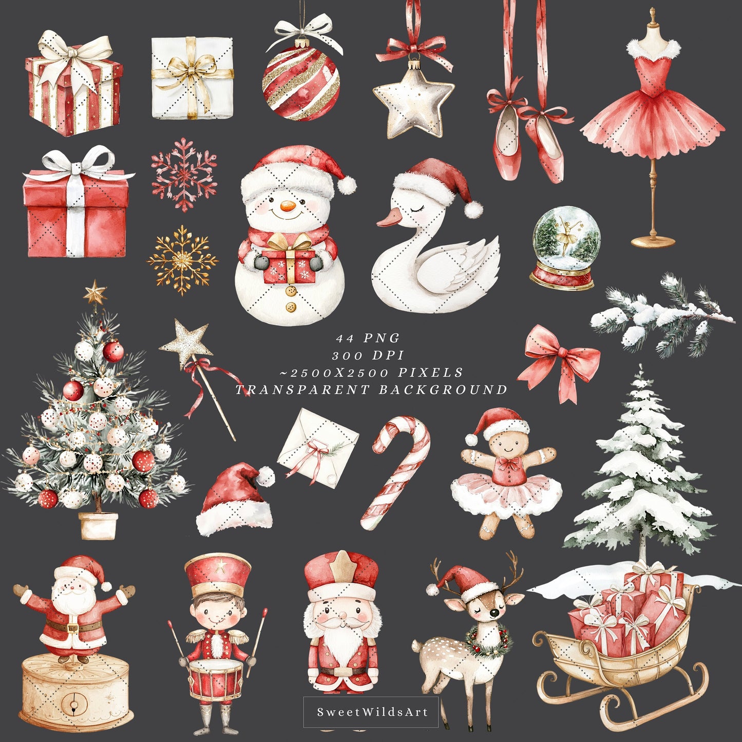 Holiday Ballerina - Cute Xmas Ballet, Christmas Flowers Clipart, Winter Ballerina | 44 PNG