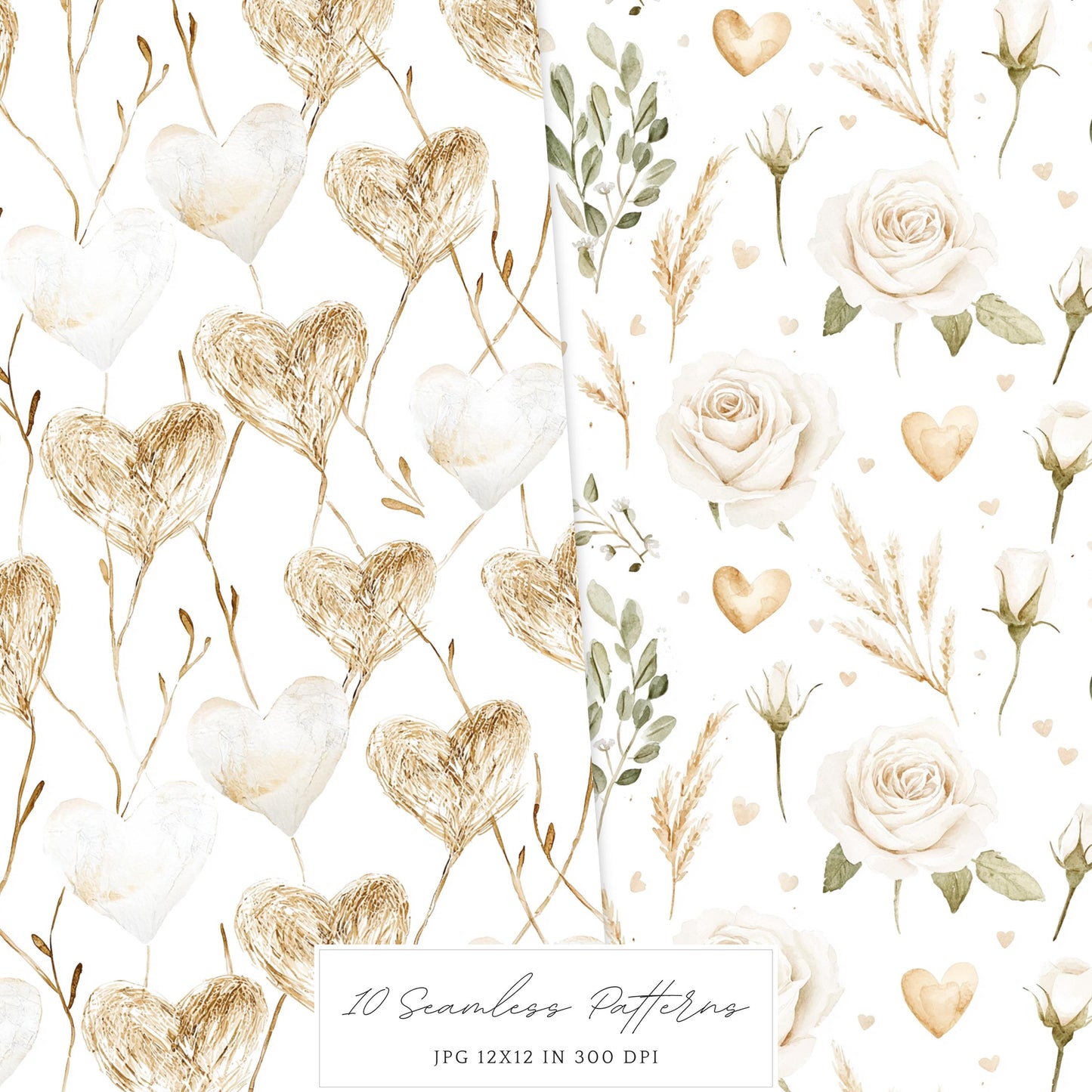Boho Valentine - Valentines Day Seamless Patterns, Rustic, Romantic | 10 JPEG
