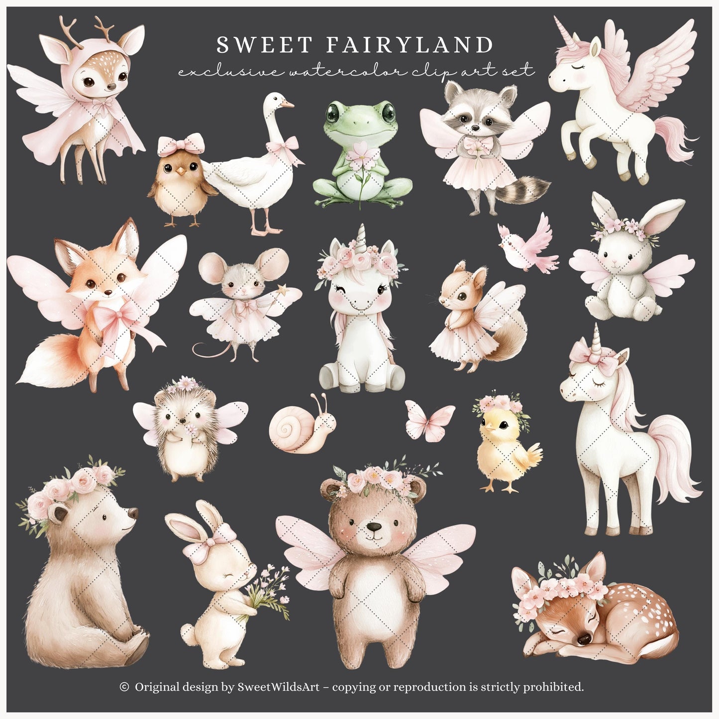 Sweet Fairyland - Cute Pink Clipart, Animals, Baby, Unicorn, Bunny, Deer | 60 PNG