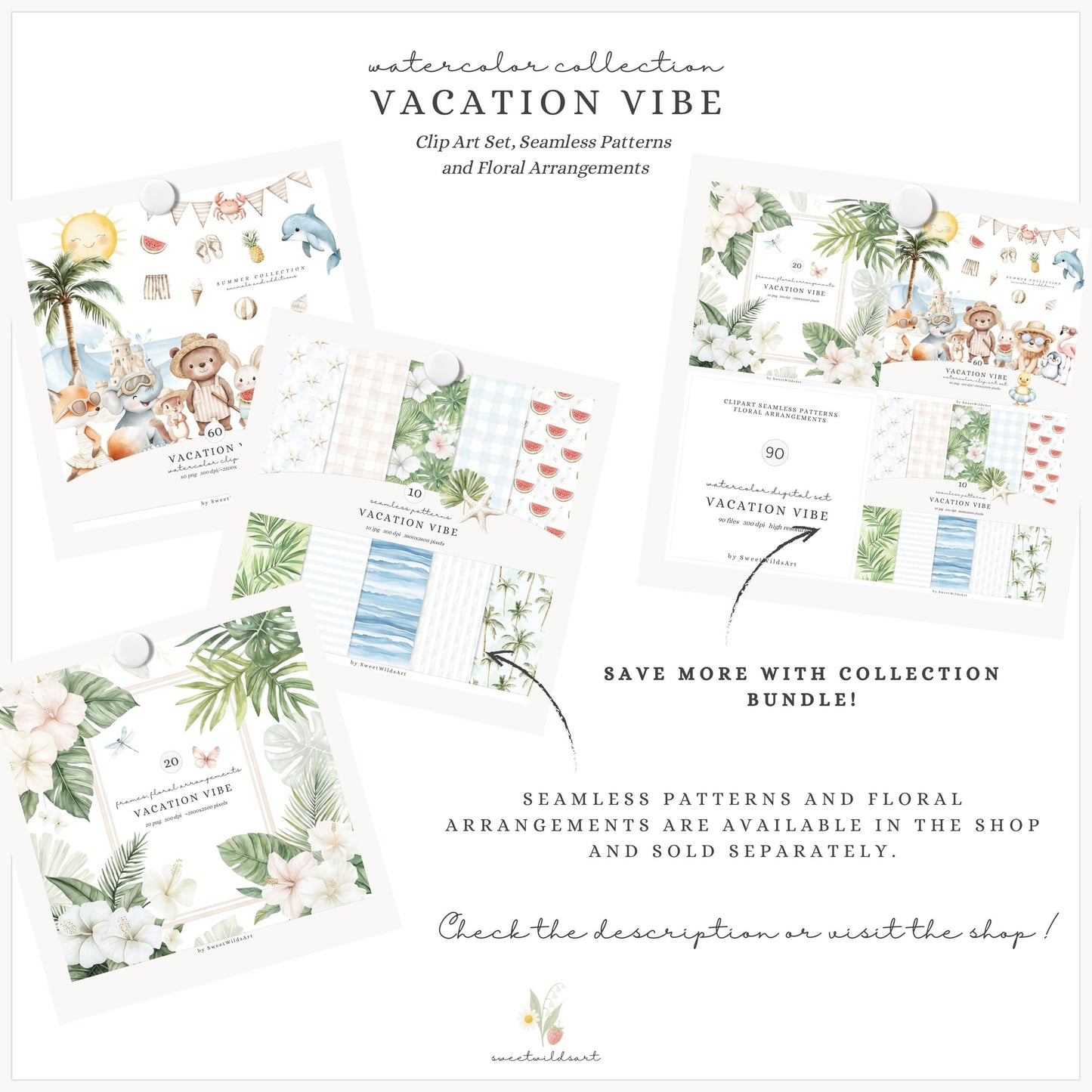 Vacation Vibe - Cute Beach Animals, Ocean Nursery Clipart, Vacation | 60 PNG
