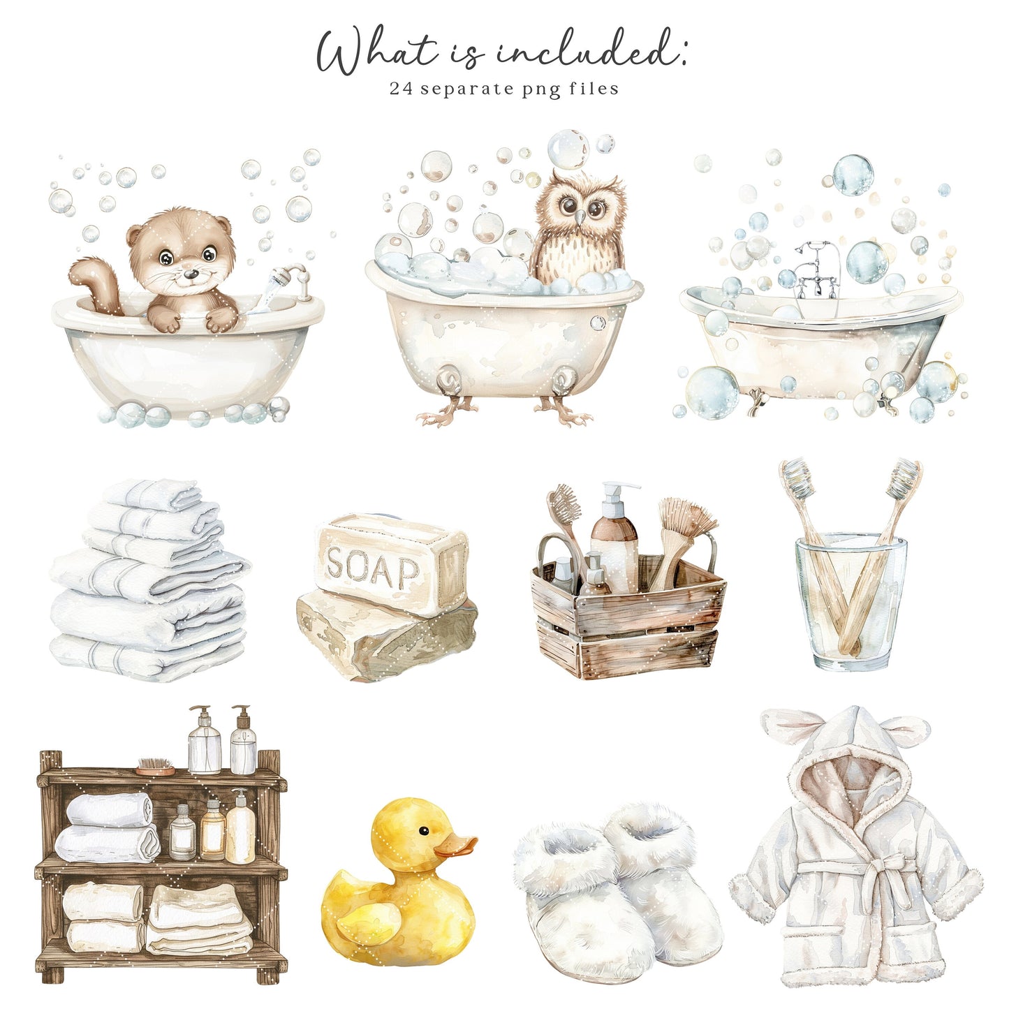 Bubble Bath - Animals Clipart, Bath Time, Rubber Duck, Cute Baby Animals | 24 PNG
