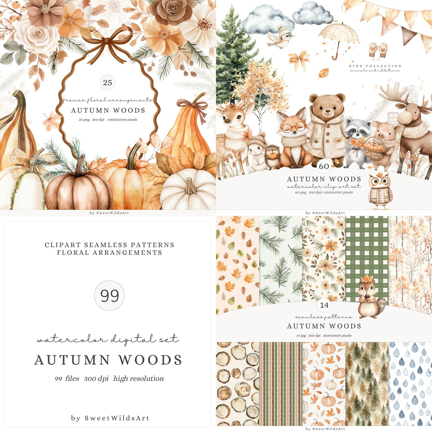 Autumn Woods - Collection Bundle, Woodland Animals, Cute Fall Forest | 99 PNG/JPEG