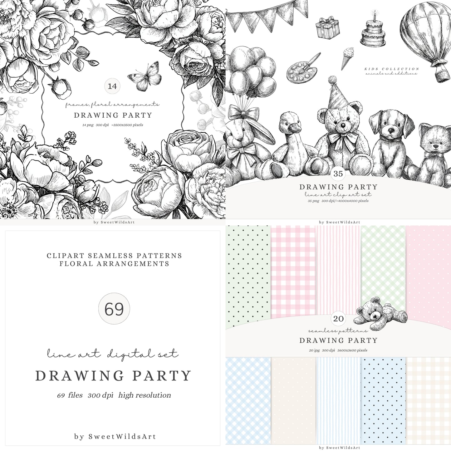 Drawing Party - Collection Bundle, Line Art, Birthday, Black and White | 69 PNG/JPEG