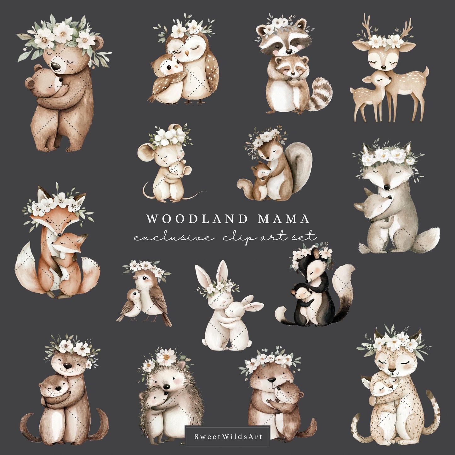 Woodland Mama - Baby Animals Clipart, Cute Animal, Mothers Day | 32 PNG