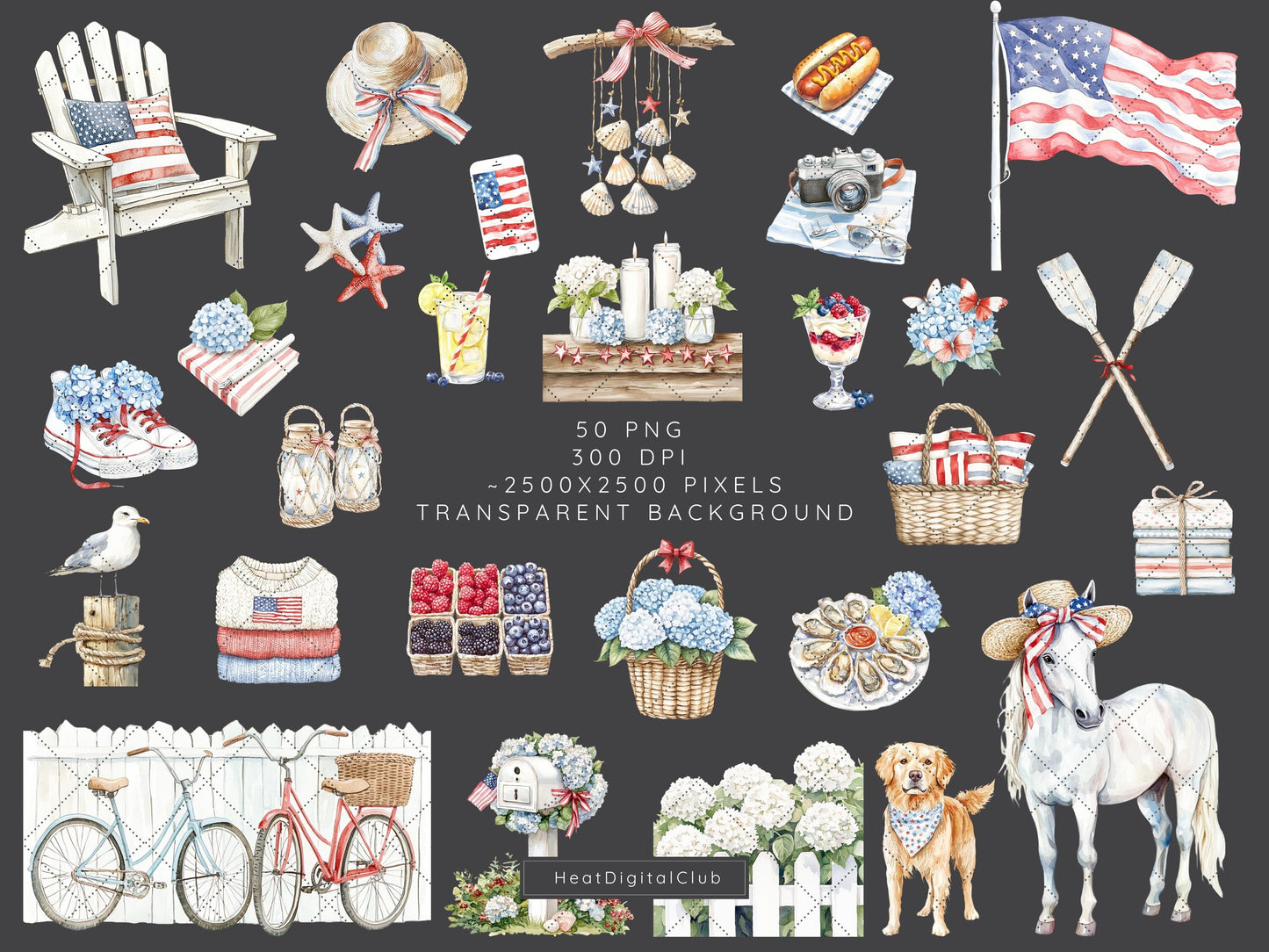 Hello July - Independence Day Clipart, 4th of July, Patriotic | 50 PNG