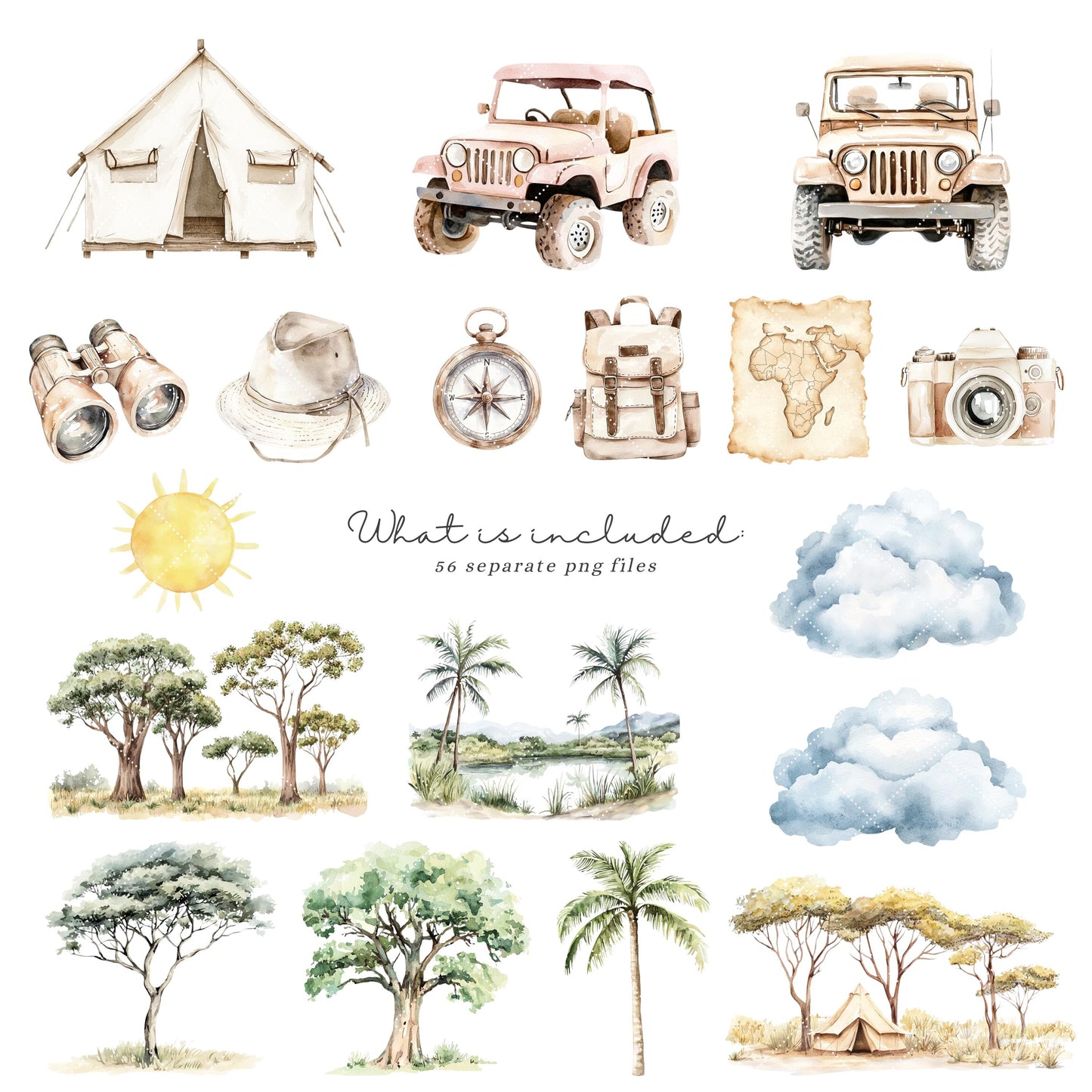 Safari Friends - Cute Animals Clipart, Baby Shower, Nursery, Boho Tropical | 56 PNG