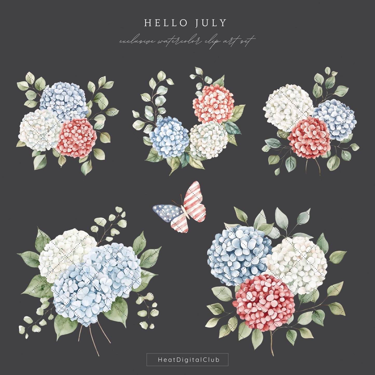 Hello July - Floral Arrangements, Patriotic bouquet, Independence Day | 12 JPEG