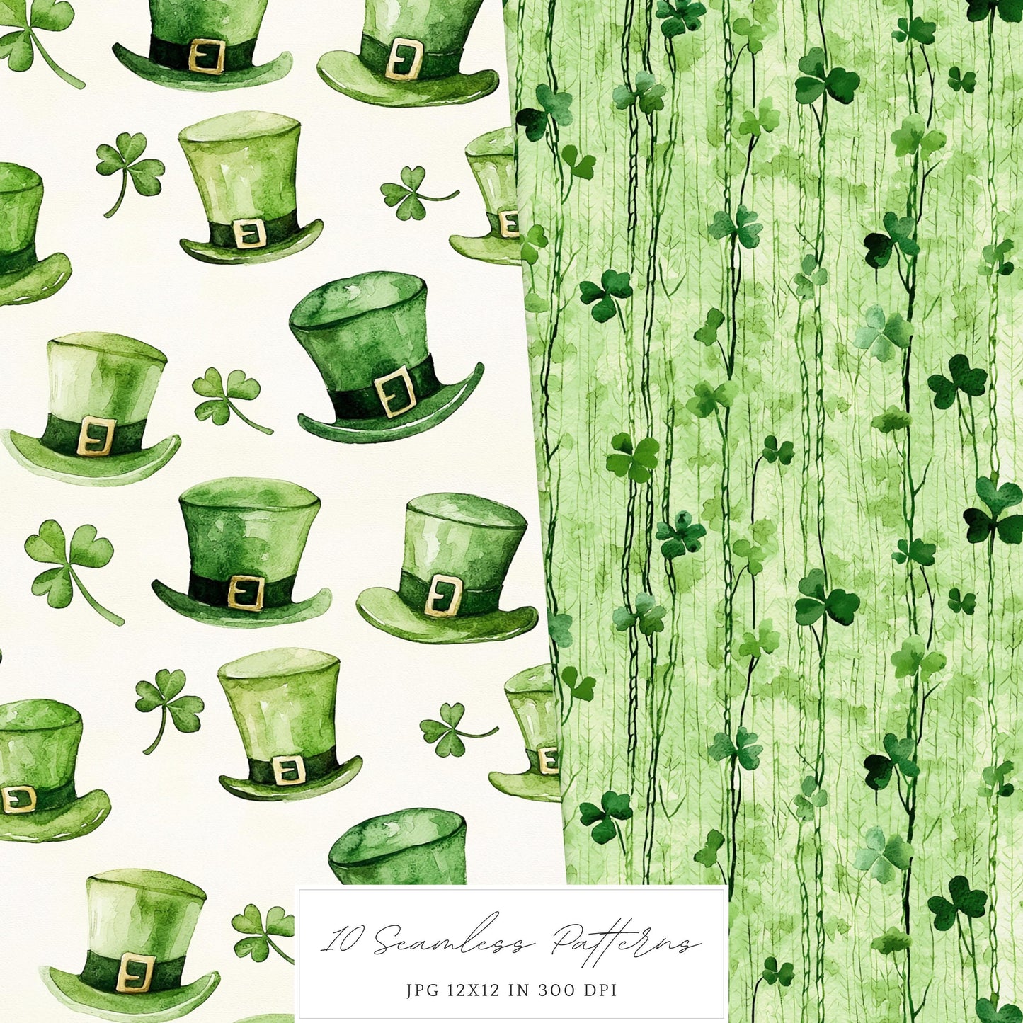 Lucky Cottage - St. Patrick's Day Seamless Patterns, Floral, Shamrock | 10 JPEG