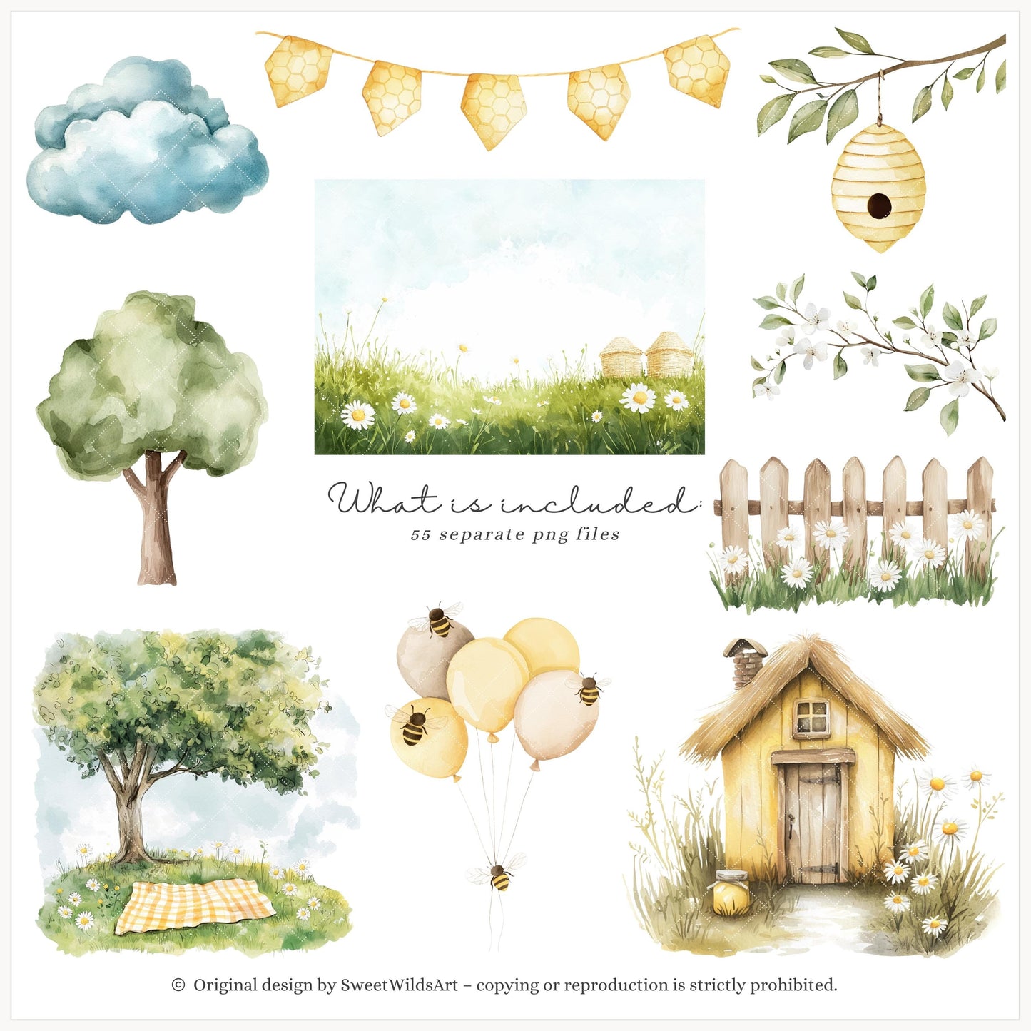 Honey Garden - Cute Animals, Baby Bee Clipart, Summer Flowers | 55 PNG