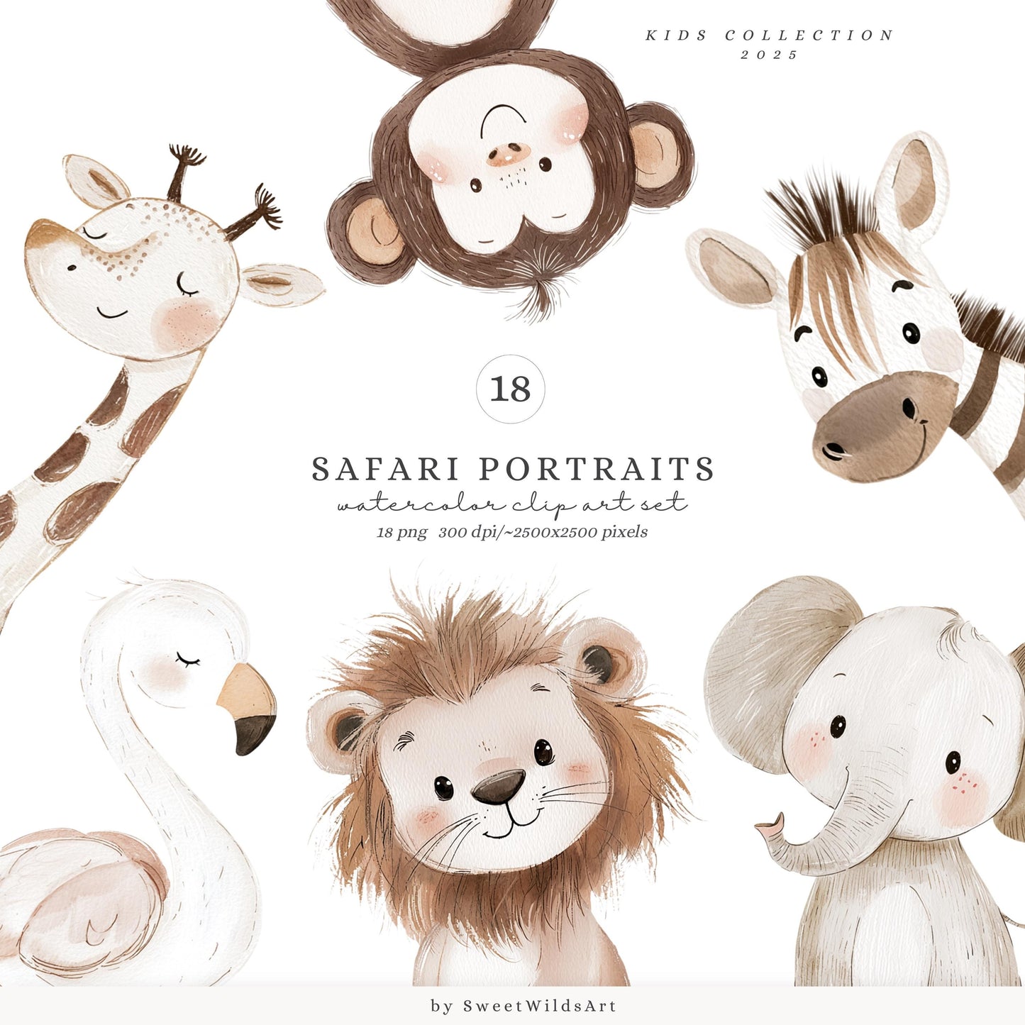 Safari Portraits - Cute Animals Clipart, Baby Shower, Nursery, Boho Tropical | 18 PNG