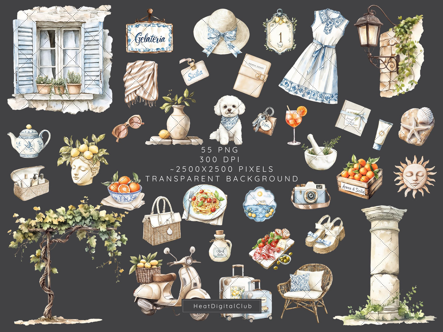 Sicilian Summer - Mediterranean Vacation, Italy Coastal Clipart | 55 PNG