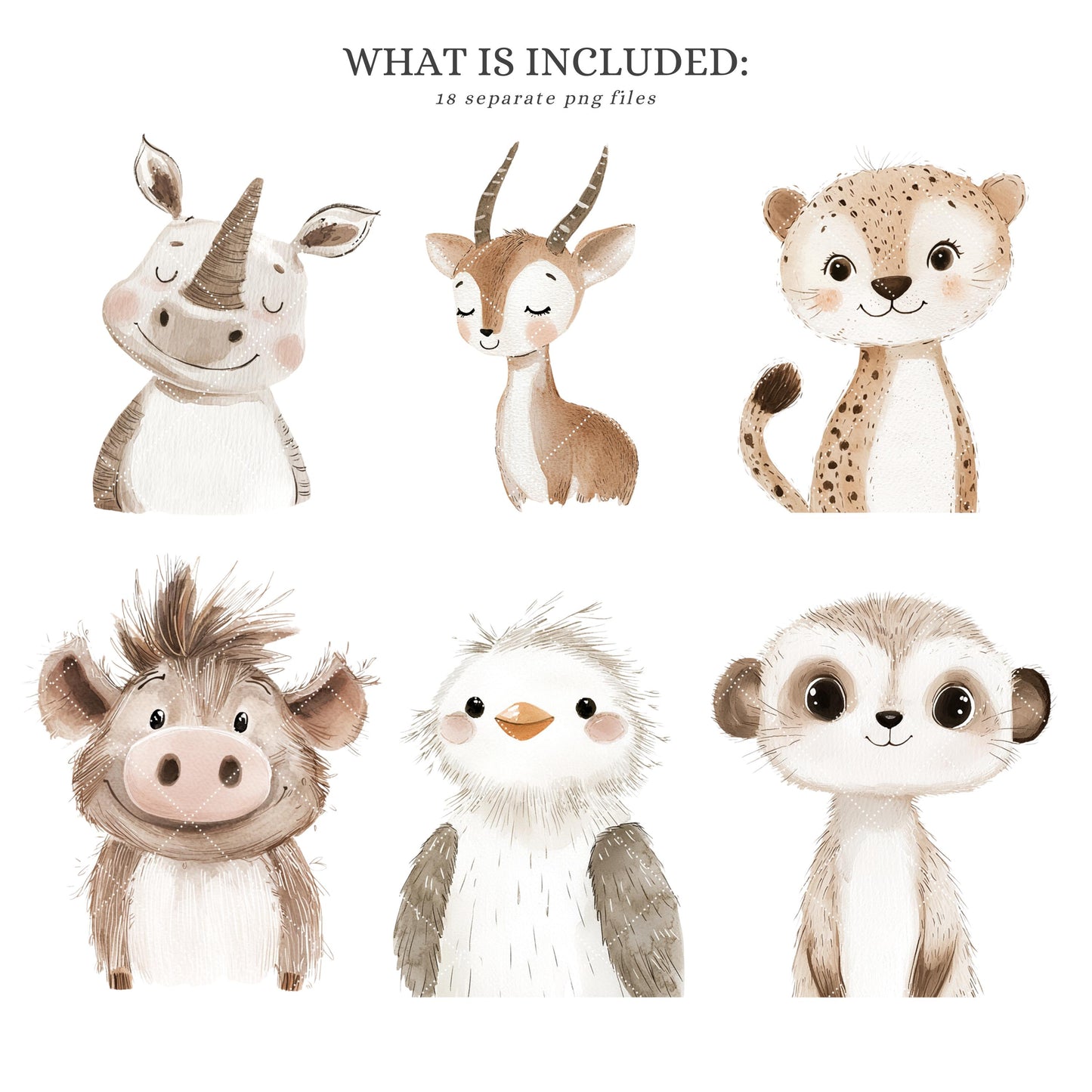 Safari Portraits - Cute Animals Clipart, Baby Shower, Nursery, Boho Tropical | 18 PNG