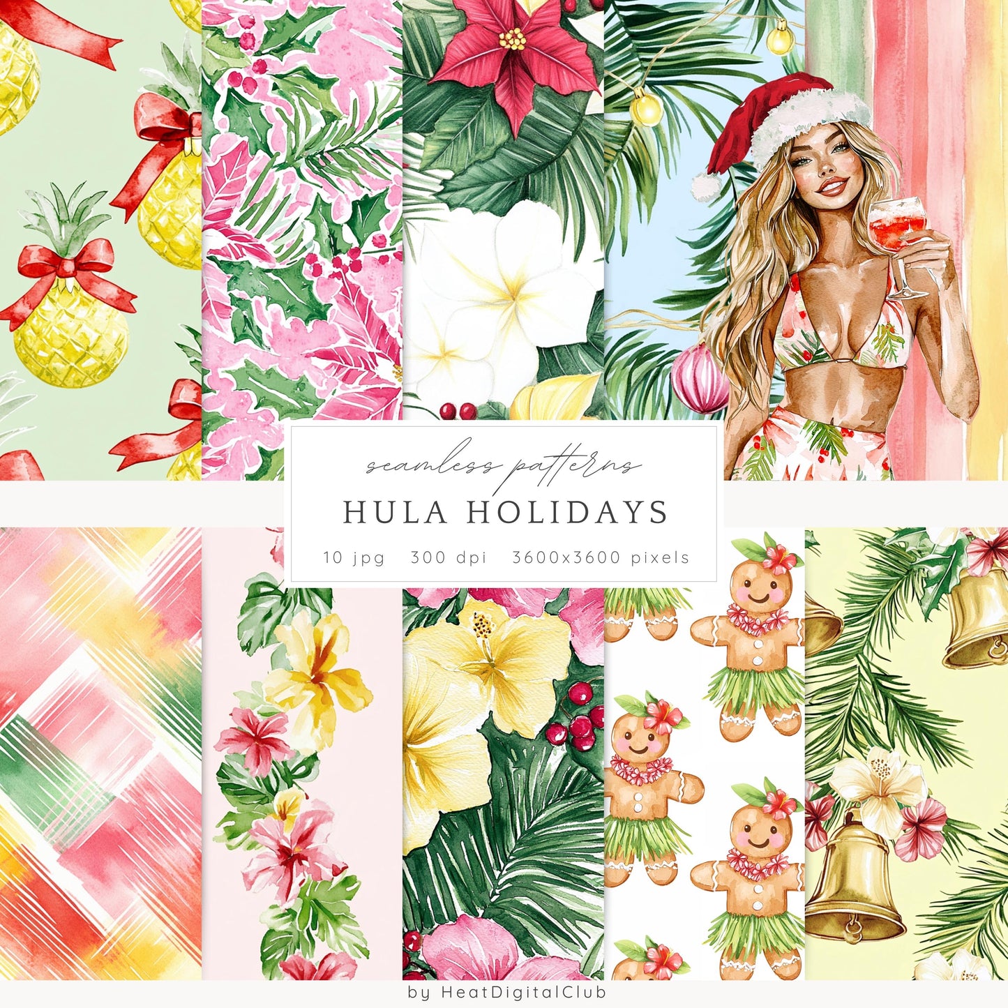 Hula Holidays - Seamless Patterns, Hawaiian Christmas, Ocean | 10 JPEG