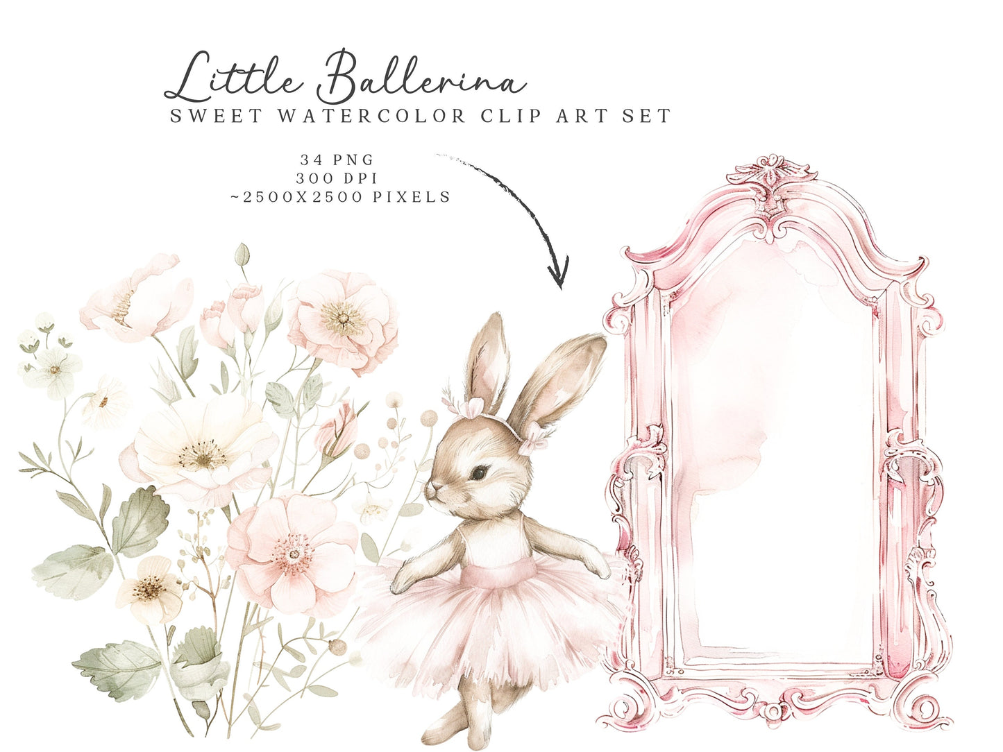 Little Ballerina - Swan Lake Clipart, Pink Ballet, Dusty Pink Flowers | 34 PNG