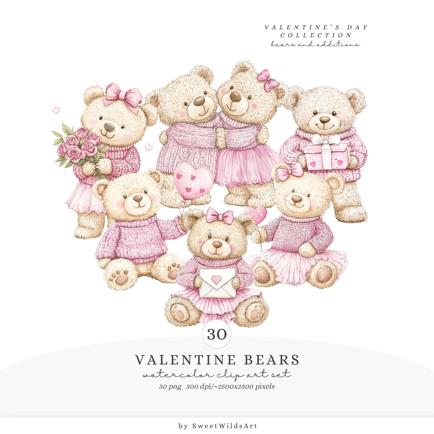 Valentine Bears - Cute Valentines Day, Love Clipart, Baby Bear, Romantic | 30 PNG