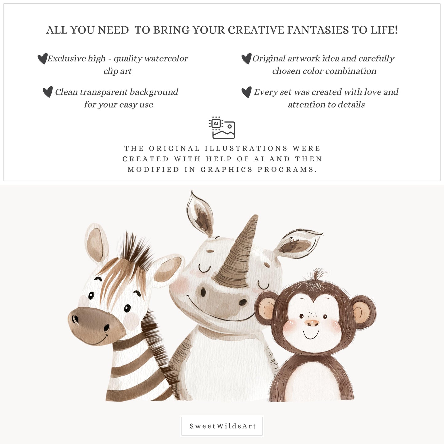 Safari Portraits - Cute Animals Clipart, Baby Shower, Nursery, Boho Tropical | 18 PNG