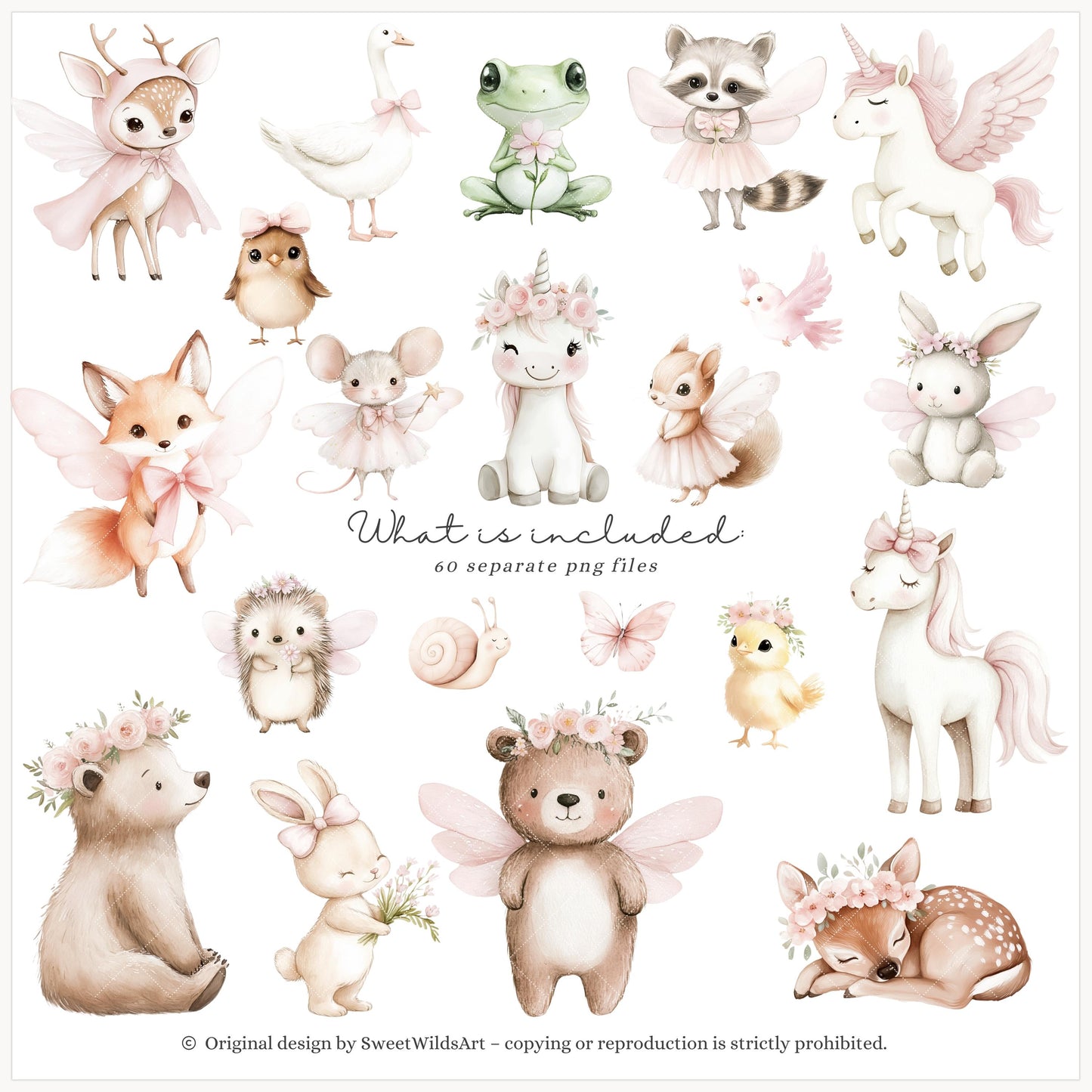 Sweet Fairyland - Cute Pink Clipart, Animals, Baby, Unicorn, Bunny, Deer | 60 PNG