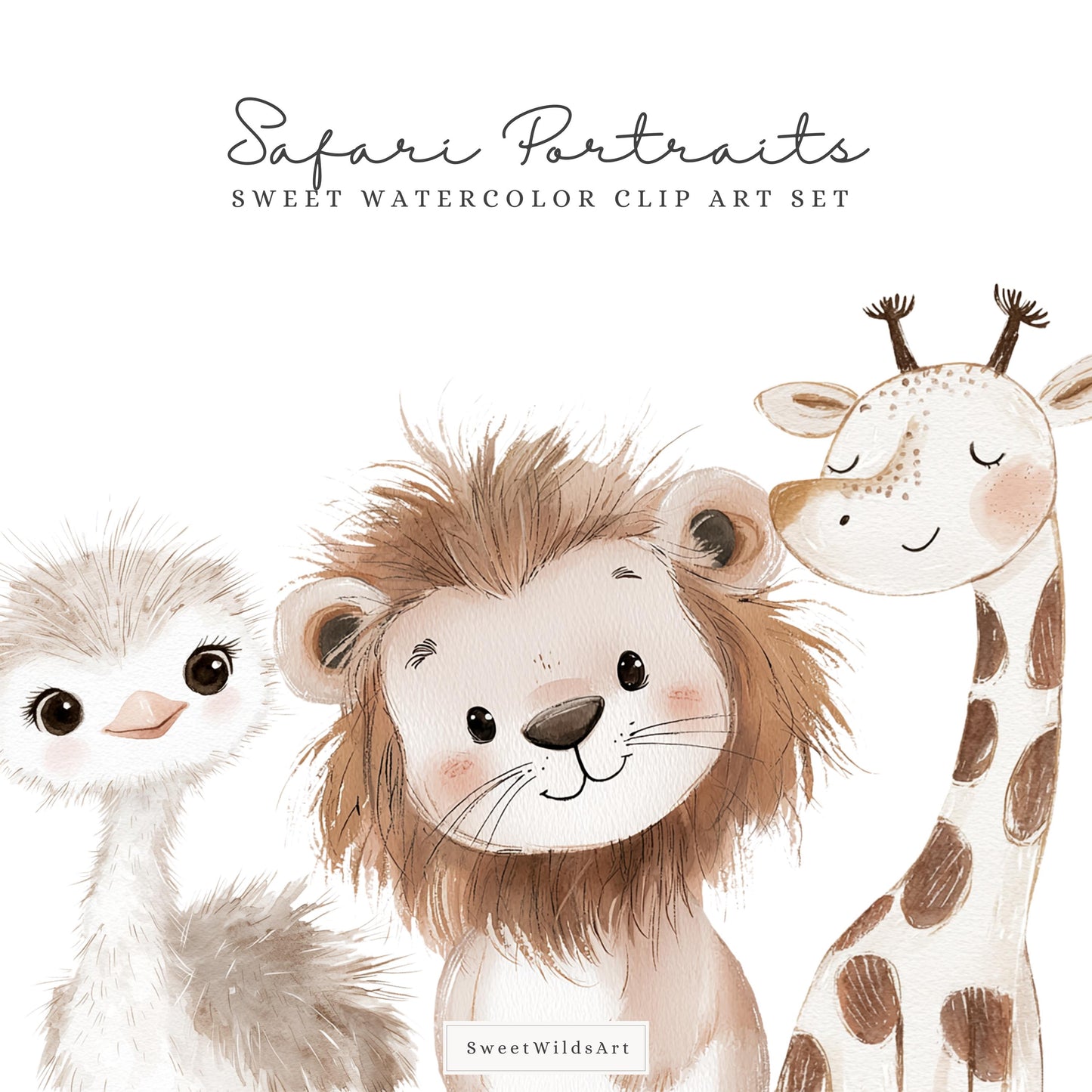 Safari Portraits - Cute Animals Clipart, Baby Shower, Nursery, Boho Tropical | 18 PNG