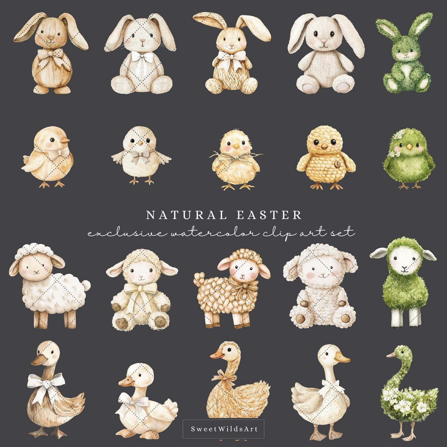 Natural Easter - Cute Easter Clipart, Bunny, Chick, Sheep, Egg, Floral | 43 PNG