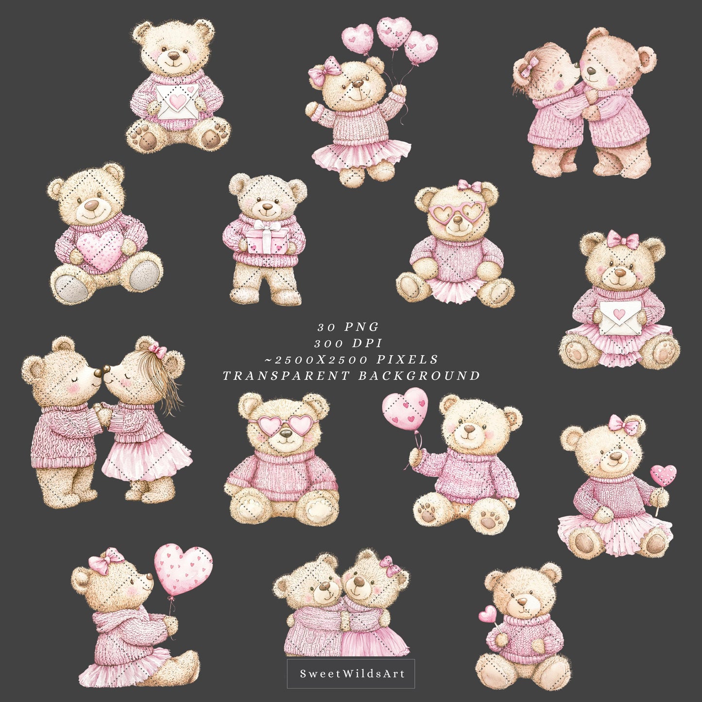Valentine Bears - Cute Valentines Day, Love Clipart, Baby Bear, Romantic | 30 PNG