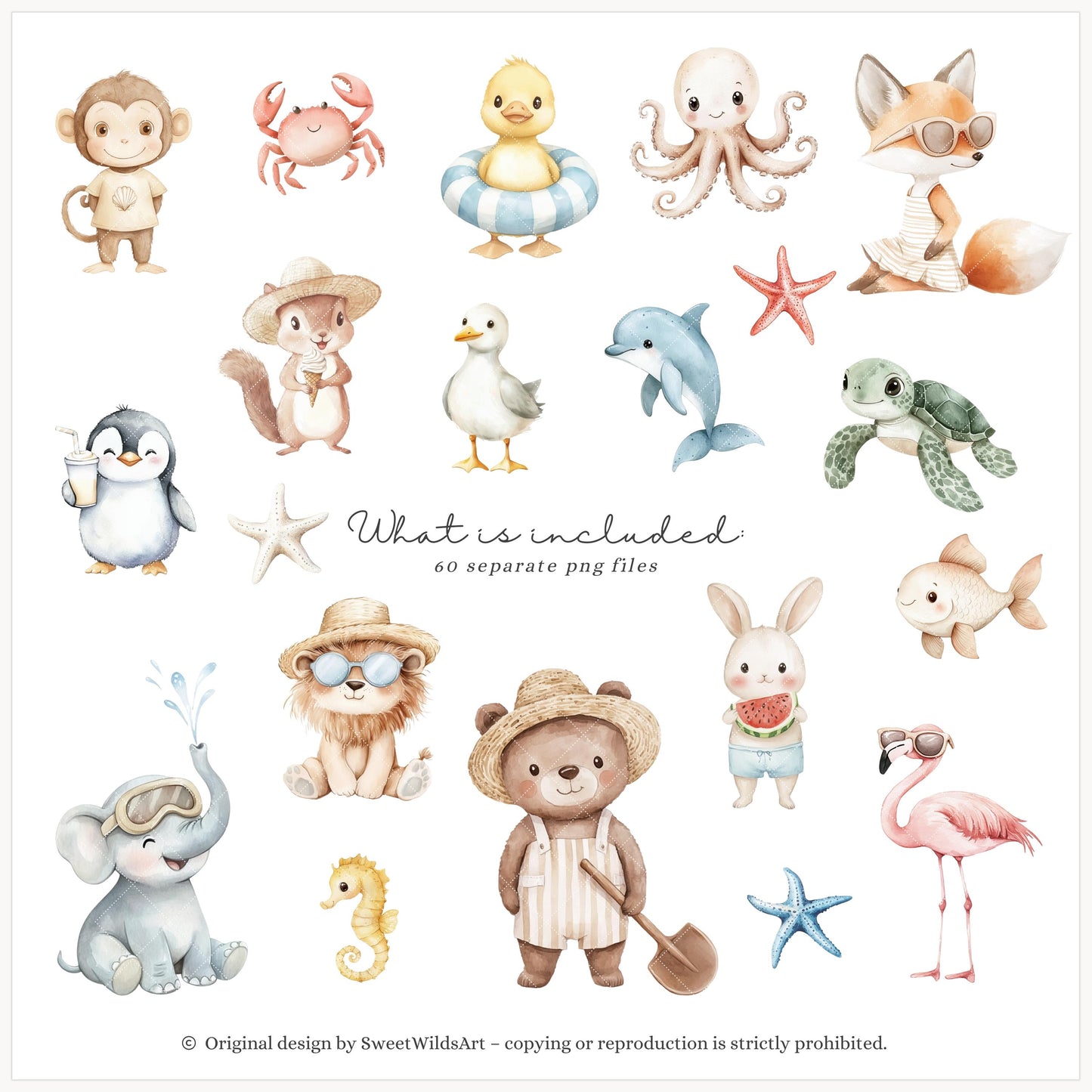 Vacation Vibe - Cute Beach Animals, Ocean Nursery Clipart, Vacation | 60 PNG