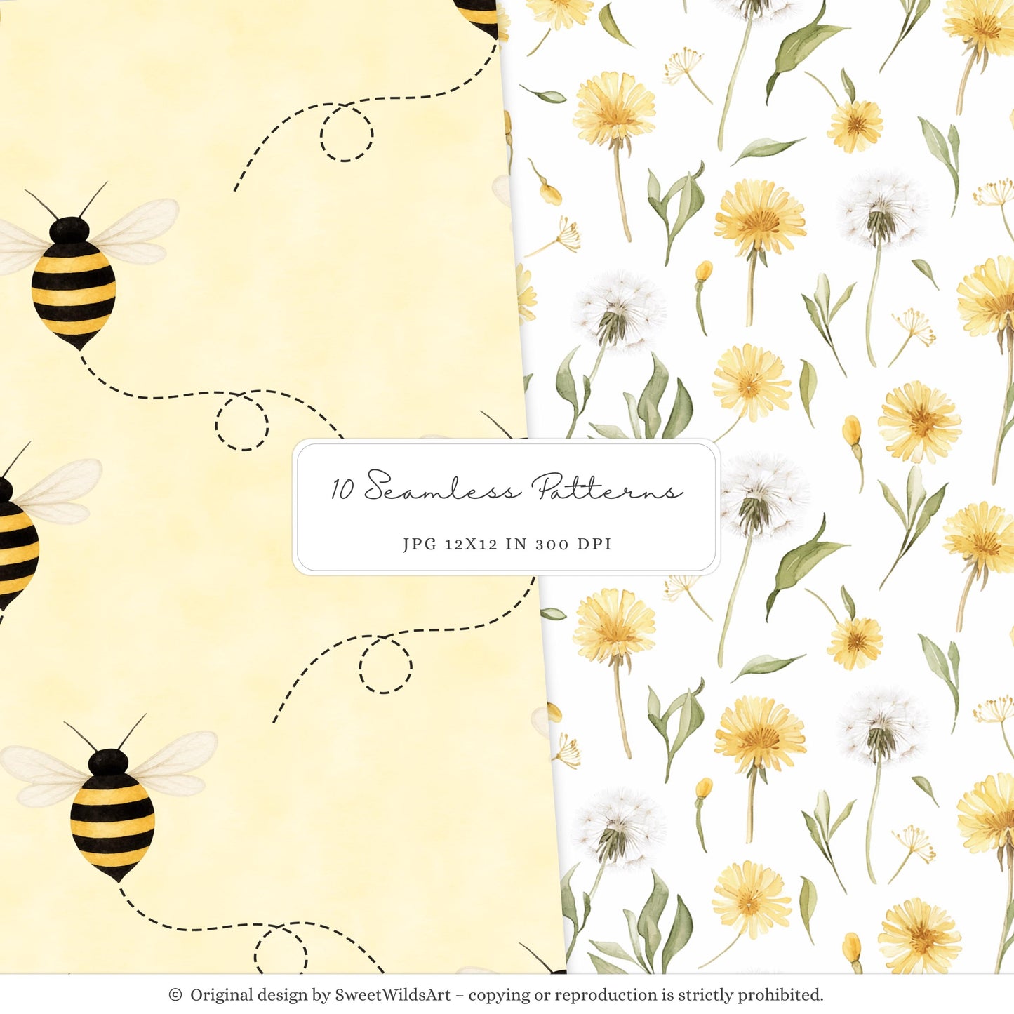 Honey Garden - Seamless Patterns, Bees, Honeycombs, Gingham | 10 JPEG