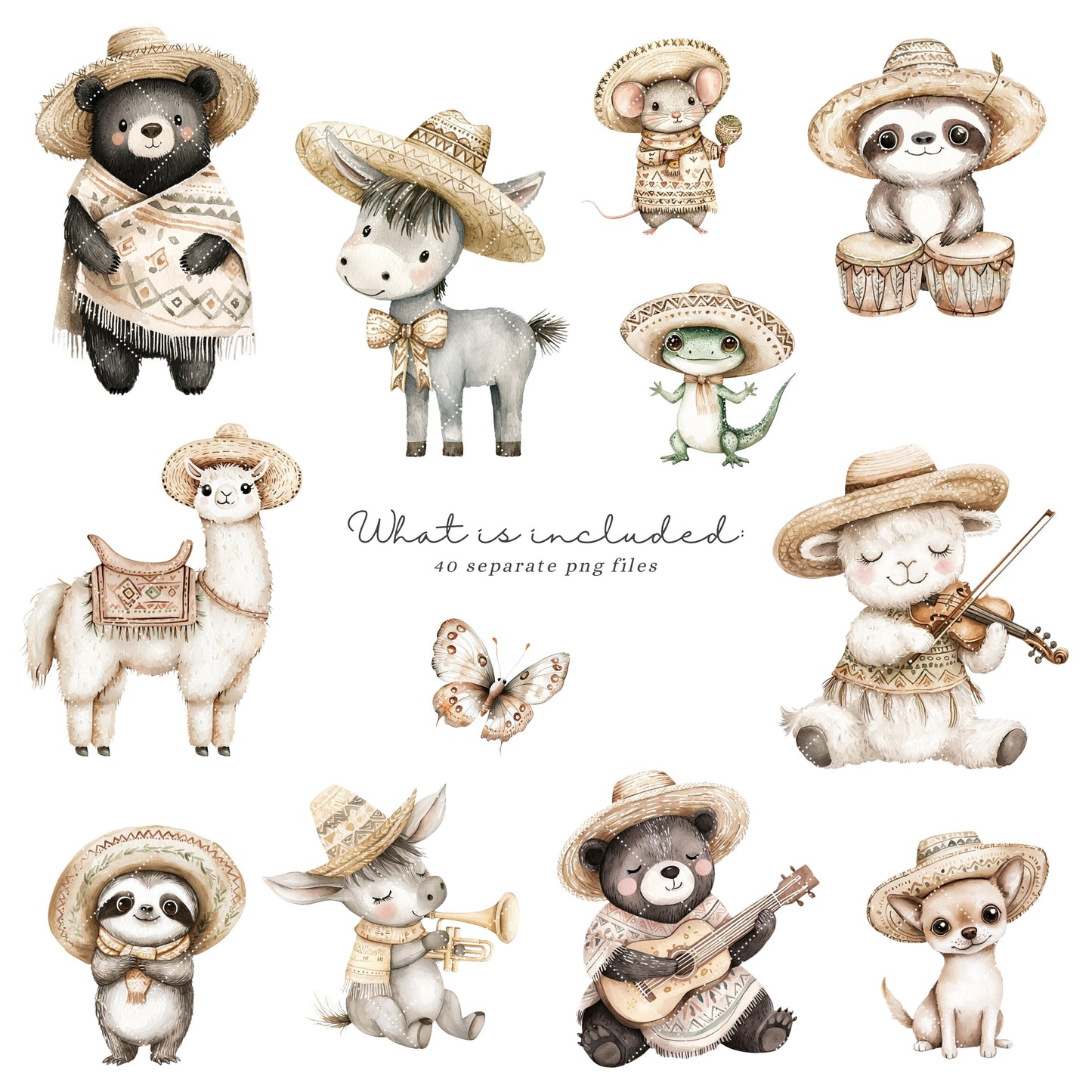 Mexican Fiesta - Cute Cinco de Mayo Clipart, Baby Animals, Taco, Donkey | 40 PNG