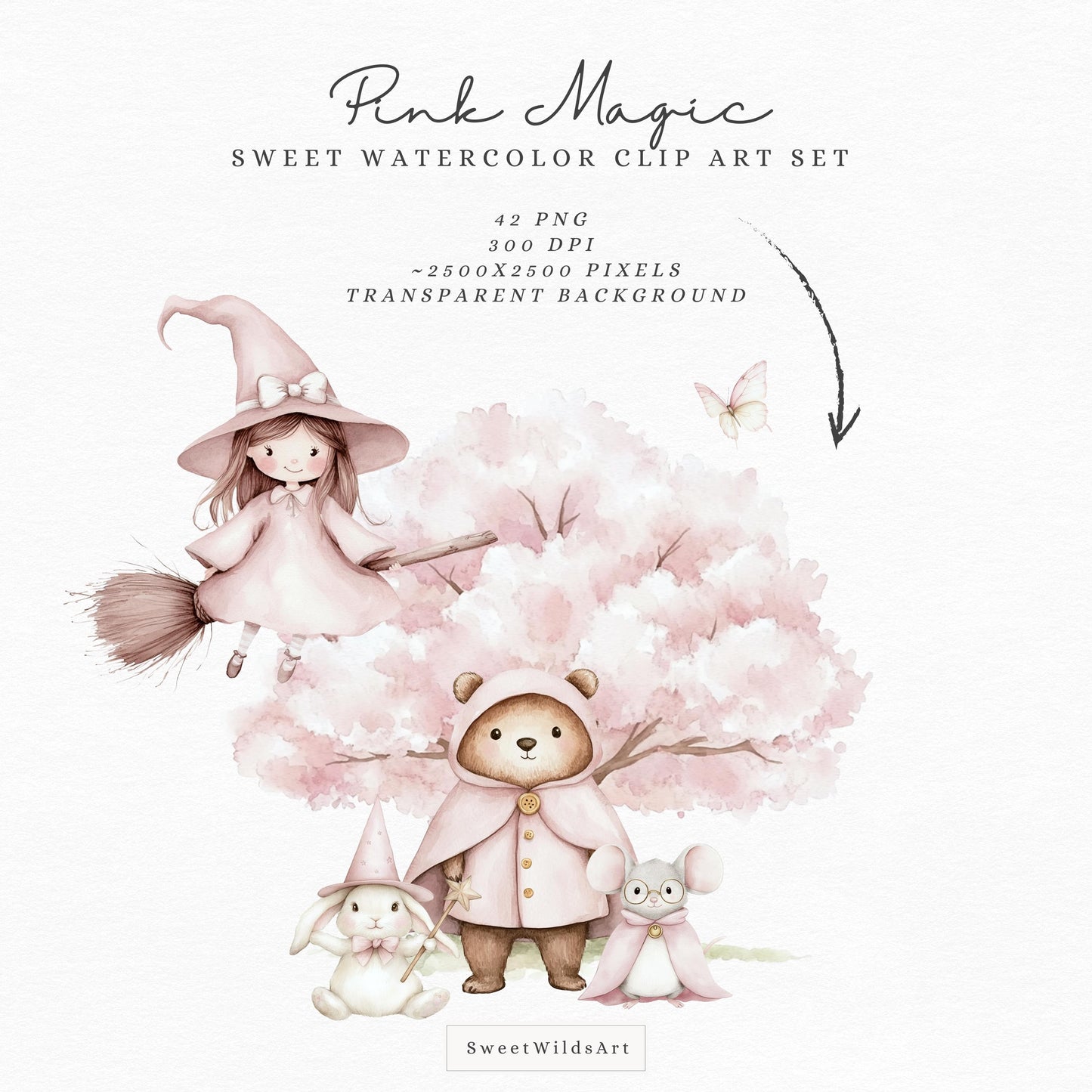 Pink Magic - Baby Animals Clipart, Cute Animal, Magic School, Wizard | 42 PNG