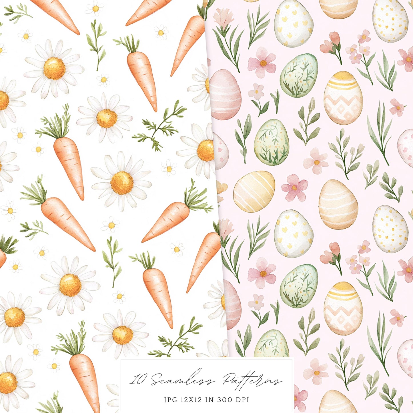 Happy Easter - Seamless Patterns, Gingham Plaid, Flowers, Bunnies | 10 JPEG