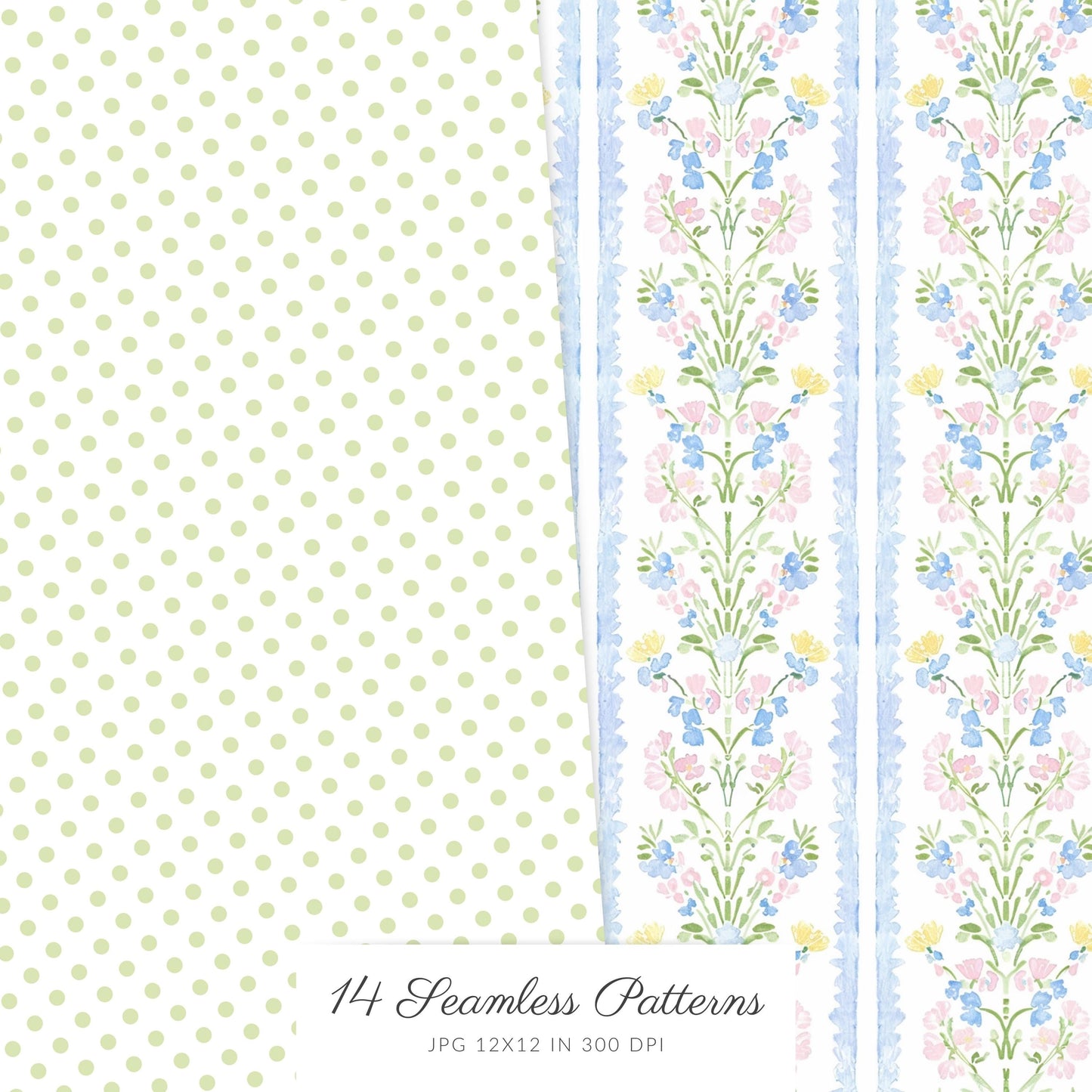 Grandmillennial - Seamless Patterns, Set 2, Pastel Floral, Stripes, Plaid, Glitter | 14 JPEG