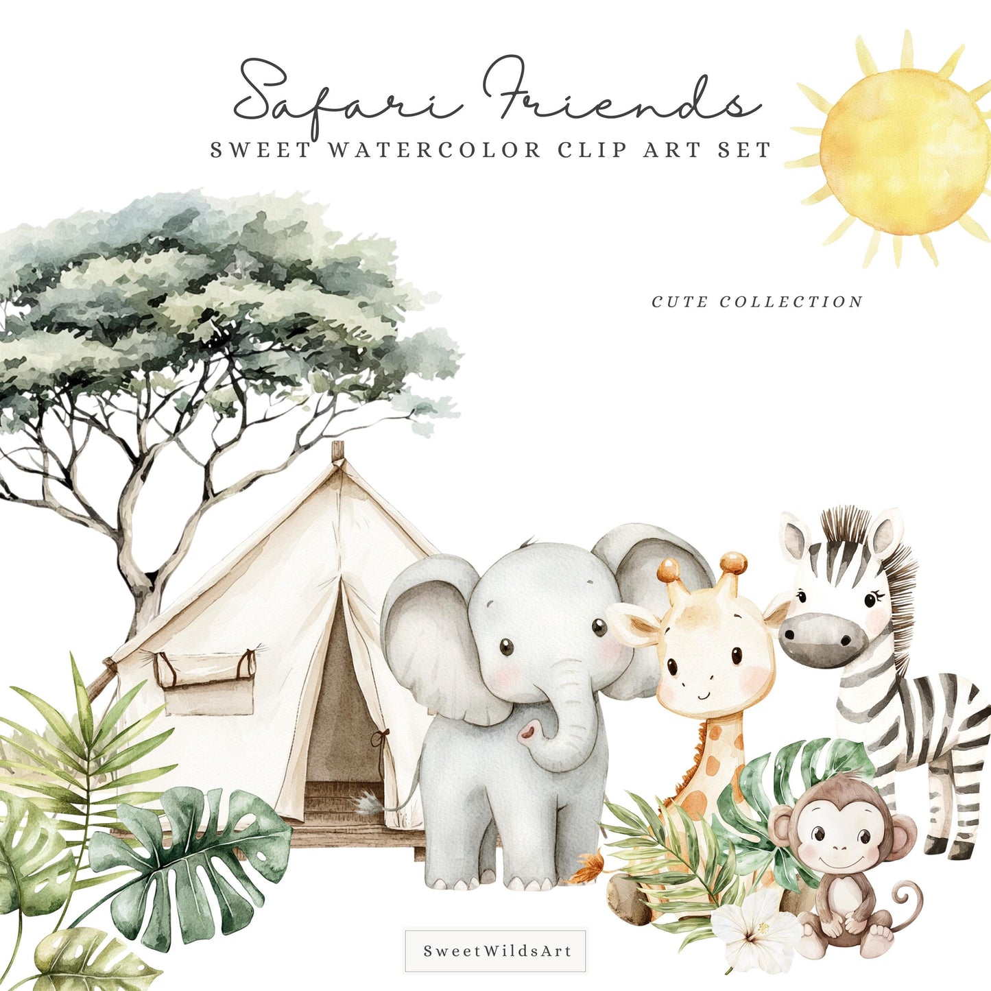 Safari Friends - Cute Animals Clipart, Baby Shower, Nursery, Boho Tropical | 56 PNG