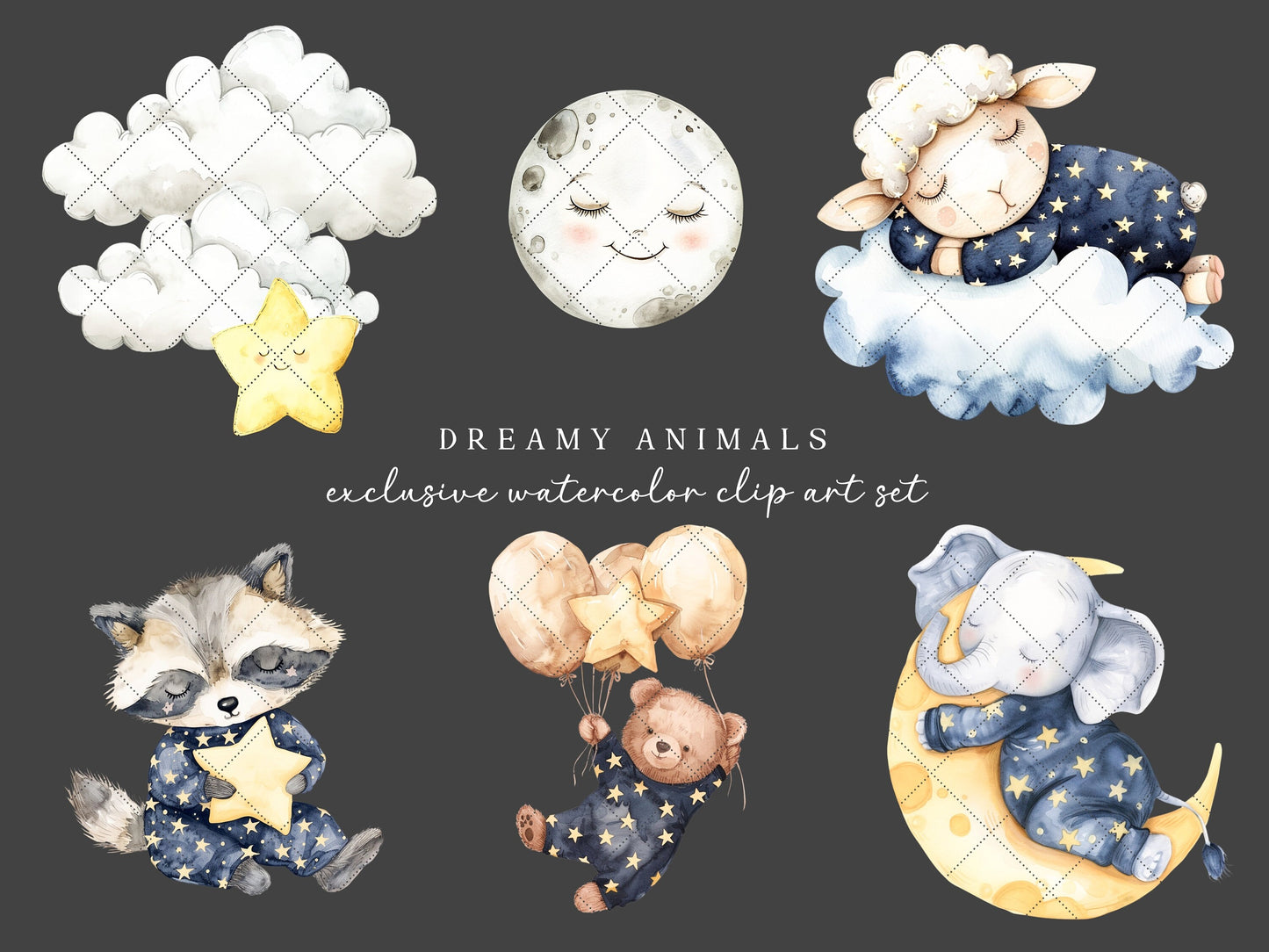 Dreamy Animals - Night Time, Pajama Party, Cute Nursery Animal Clipart | 40 PNG