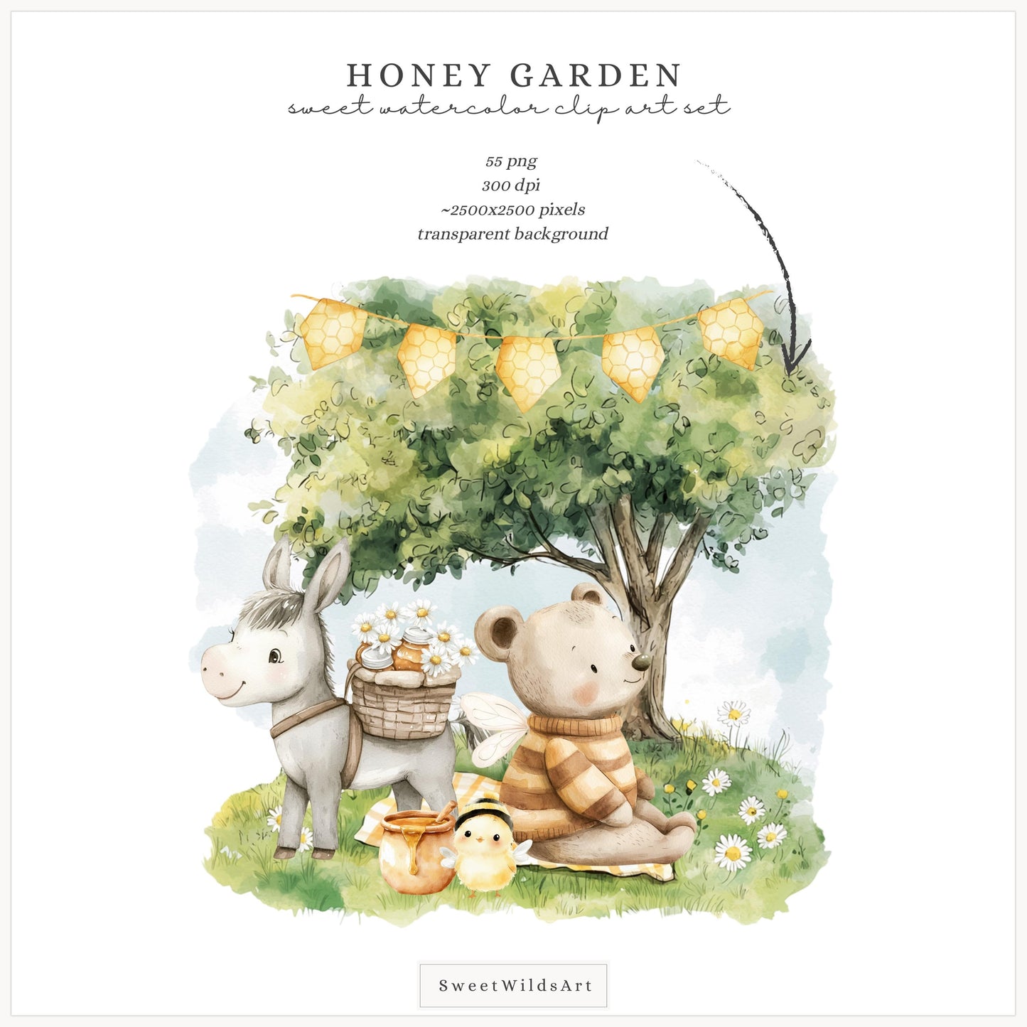 Honey Garden - Cute Animals, Baby Bee Clipart, Summer Flowers | 55 PNG