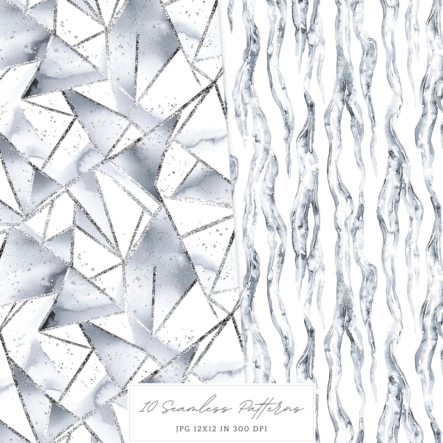 Silver Ice - Seamless Patterns, Cozy Winter, Snowflakes | 10 JPEG