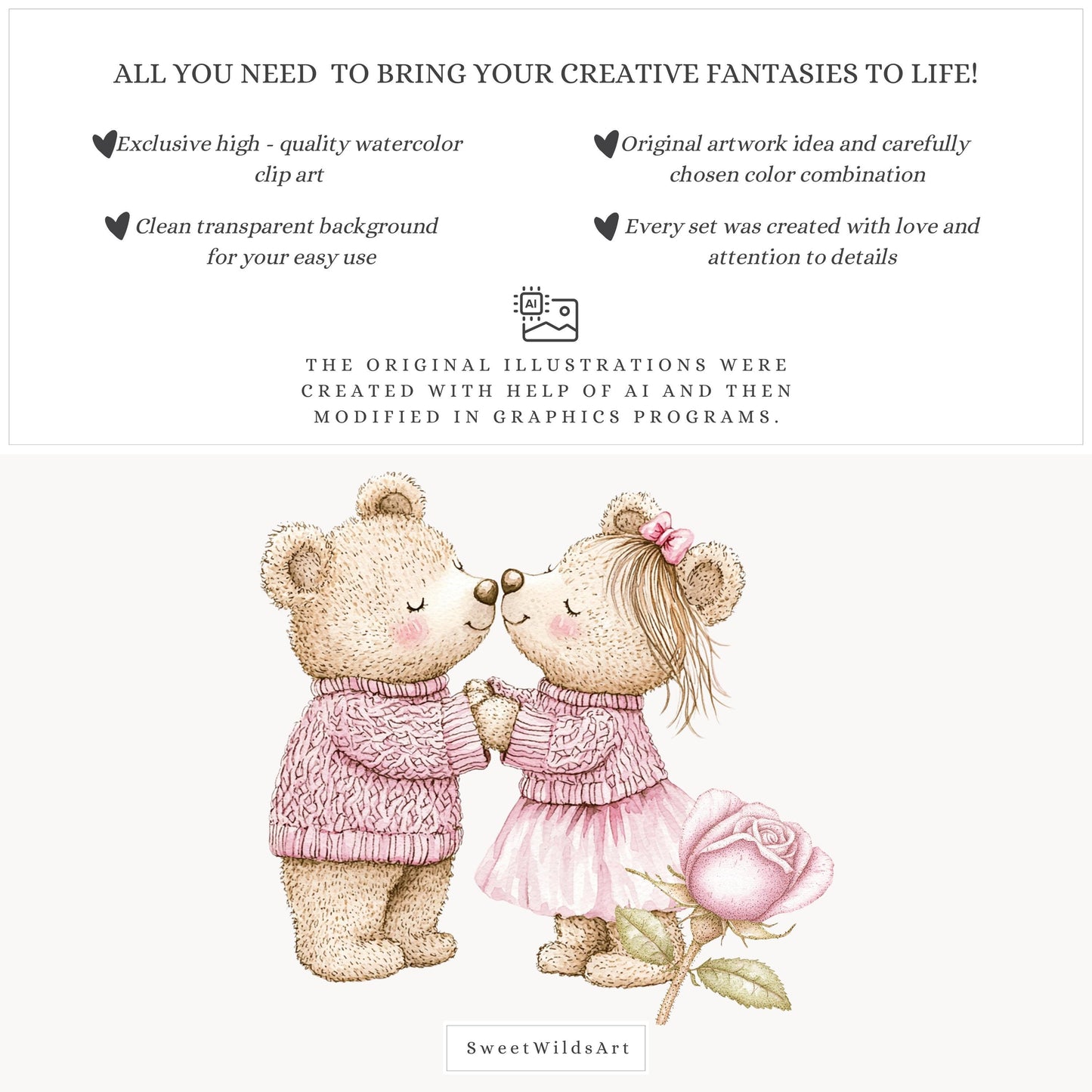 Valentine Bears - Cute Valentines Day, Love Clipart, Baby Bear, Romantic | 30 PNG