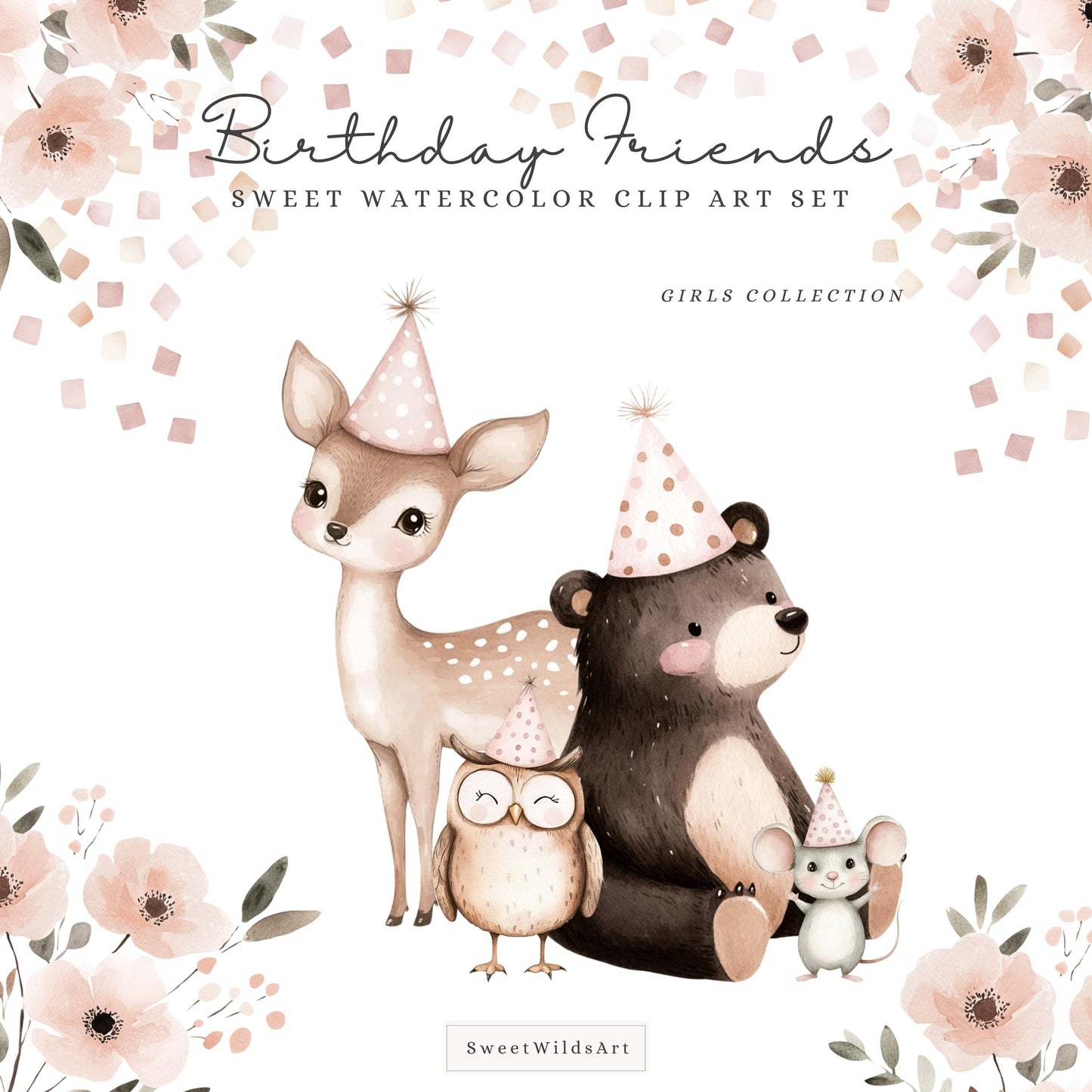 Birthday Friends - Cute Woodland, Baby Animal Clipart, Baby Girl Birthday | 40 PNG