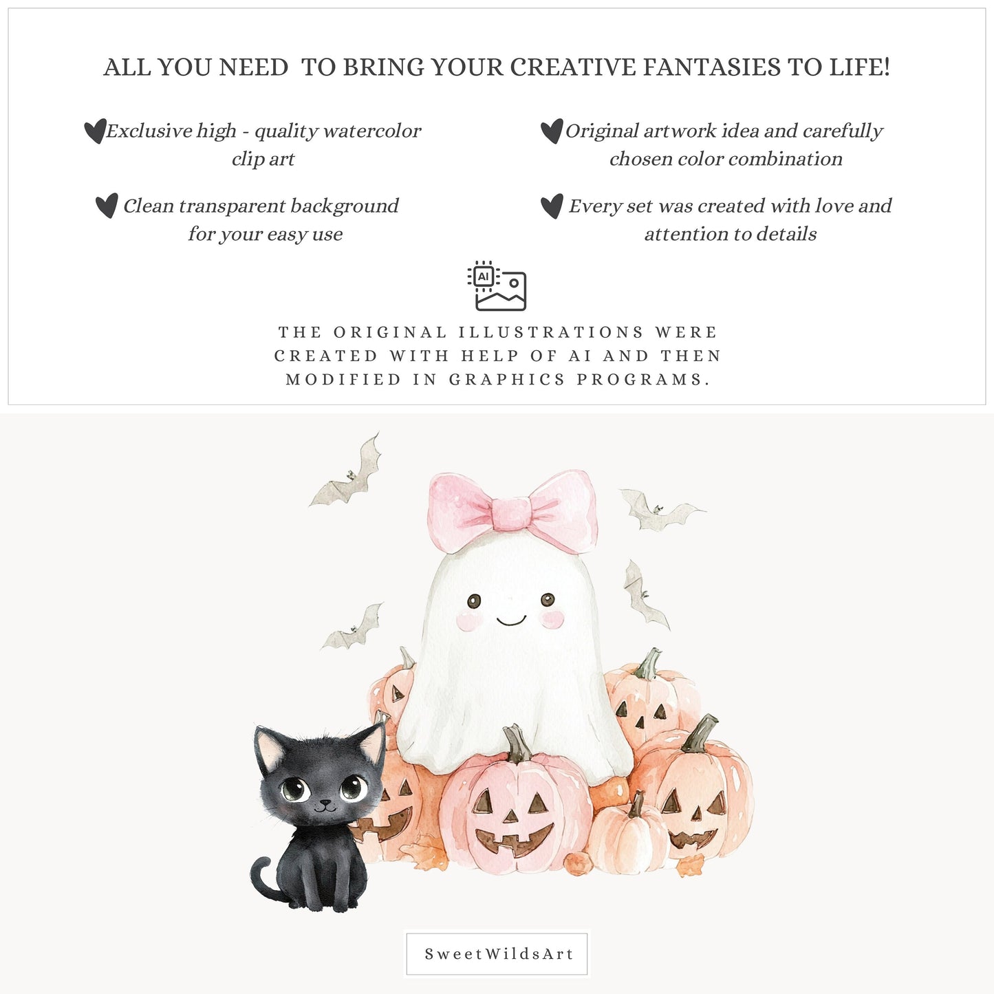 Ghostly Cuties - Cute Halloween Clipart, Spooky Ghosts, Pumpkin, Kids | 35 PNG