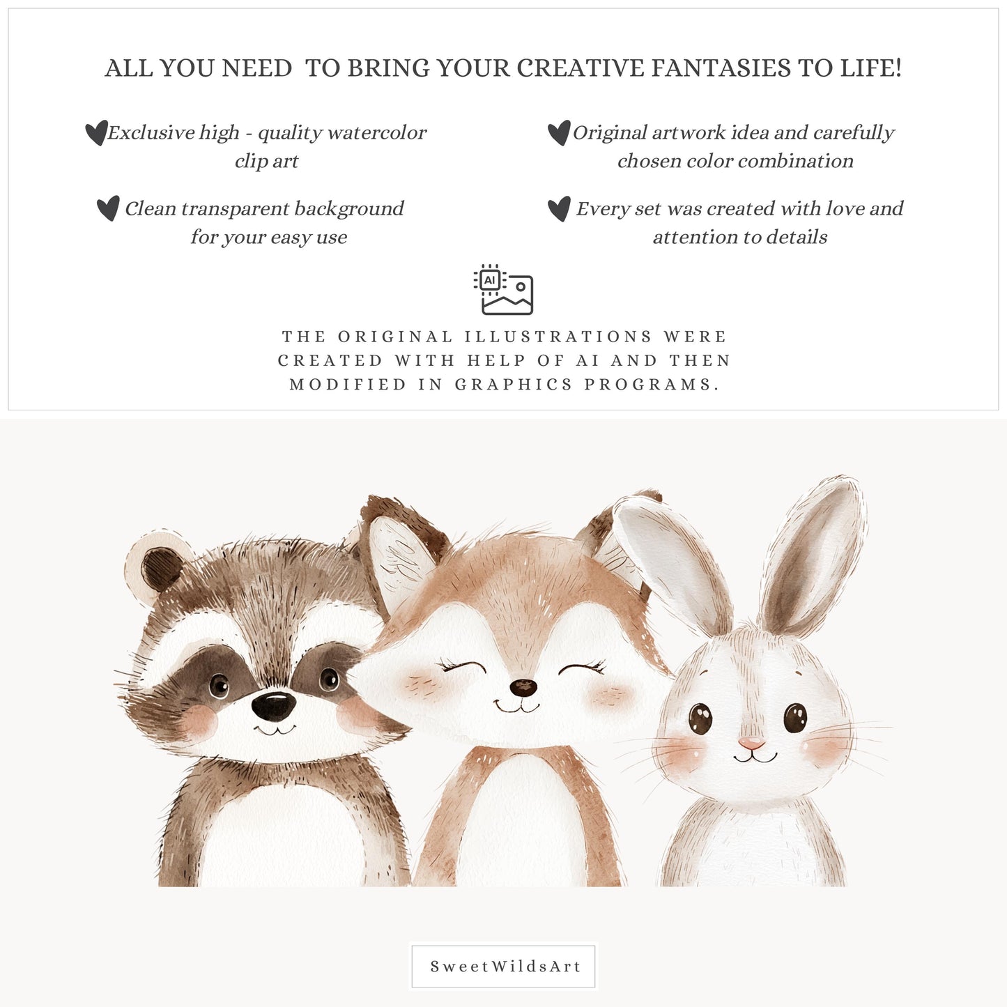 Woodland Portraits - Cute Animals Clipart, Baby Shower, Nursery, Boho Forest | 18 PNG